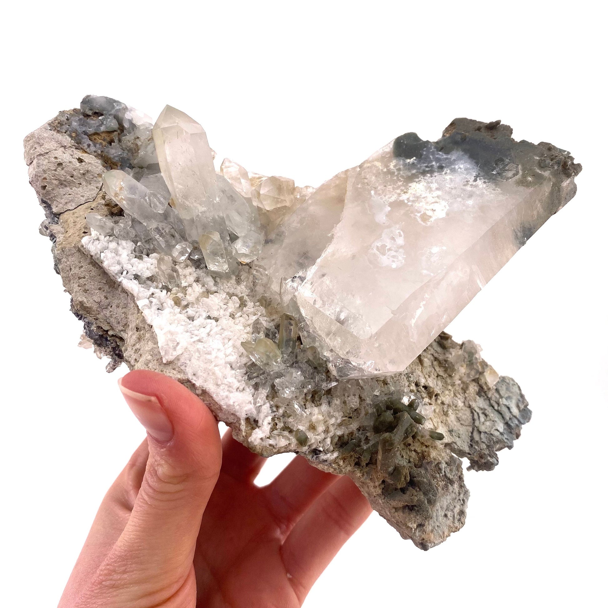 Green phantom quartz cluster (Pakistan) | green phantom quartz, chlorite quartz, green chlorite quartz
