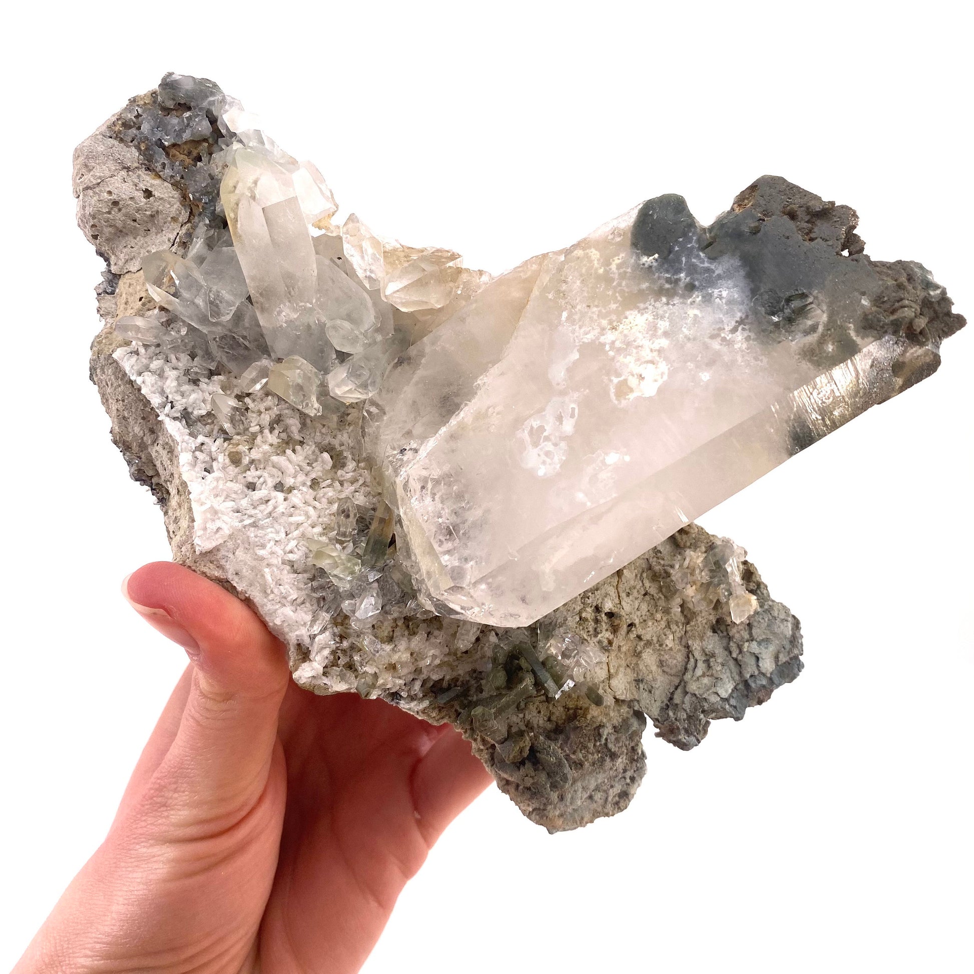 Green phantom quartz cluster (Pakistan) | green phantom quartz, chlorite quartz, green chlorite quartz