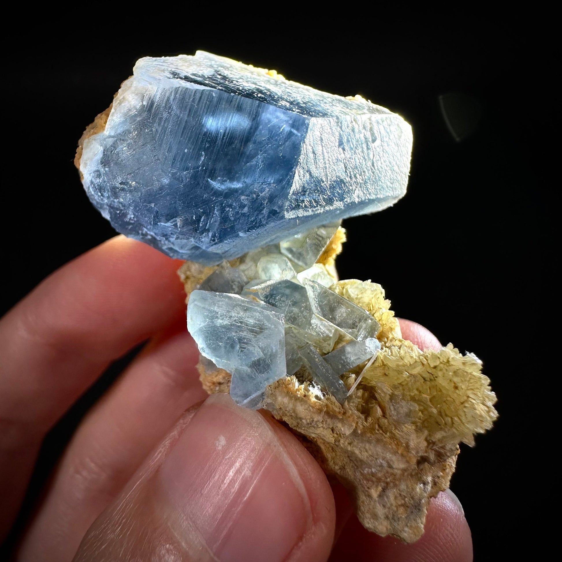 Blue Celestite on Calcite (Afghanistan), terminated celestite cluster, dark blue celestite, mineral specimen, natural celestite