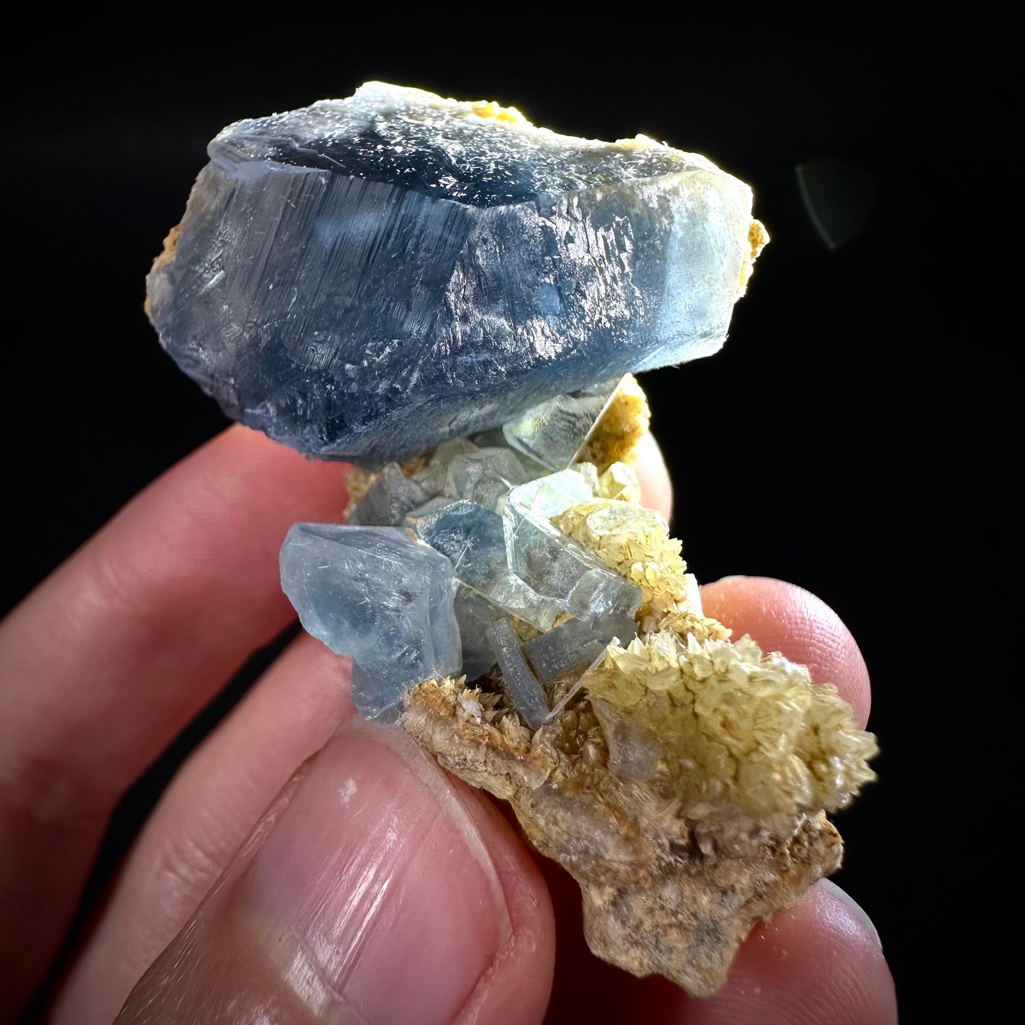 Blue Celestite on Calcite (Afghanistan), terminated celestite cluster, dark blue celestite, mineral specimen, natural celestite