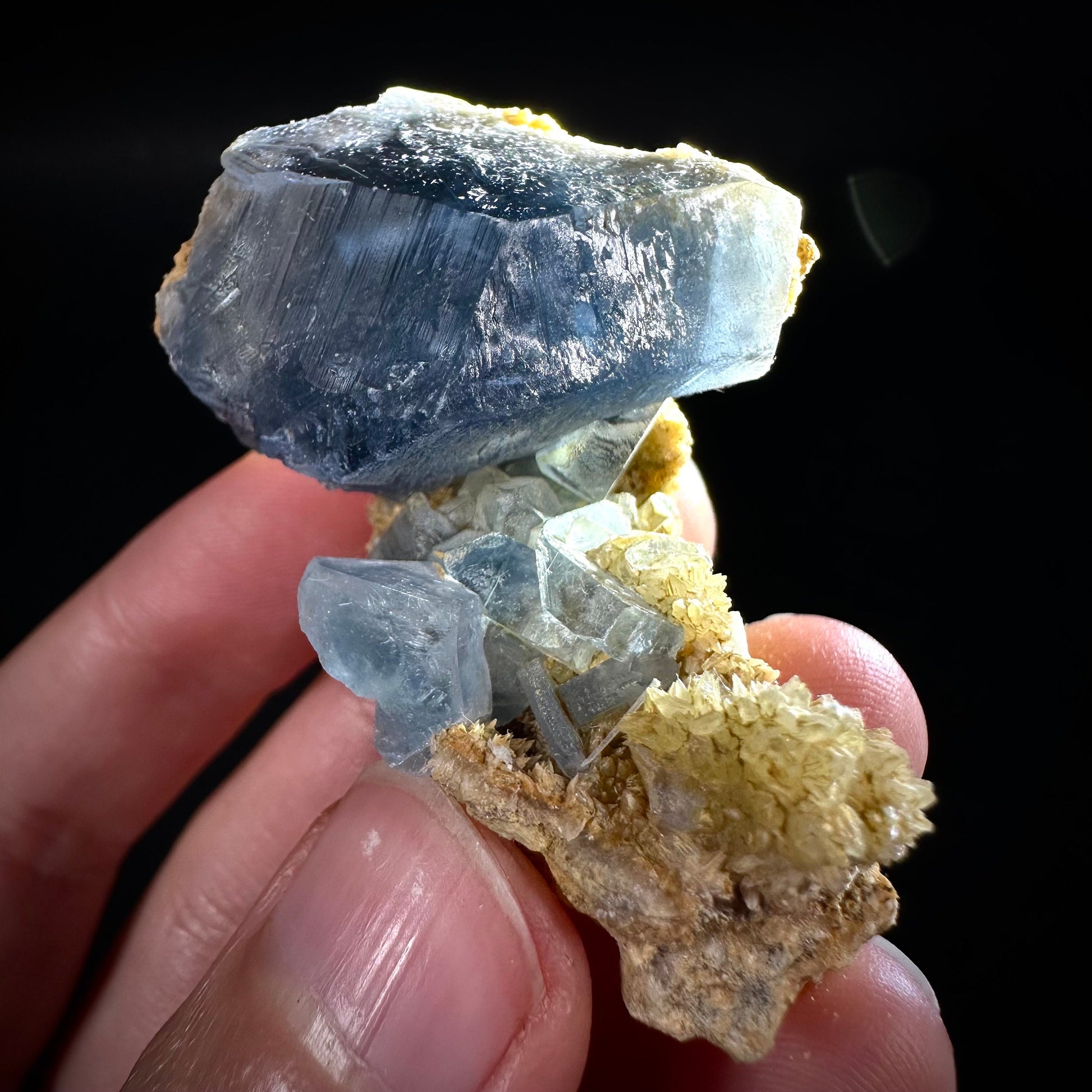 Blue Celestite on Calcite (Afghanistan), terminated celestite cluster, dark blue celestite, mineral specimen, natural celestite