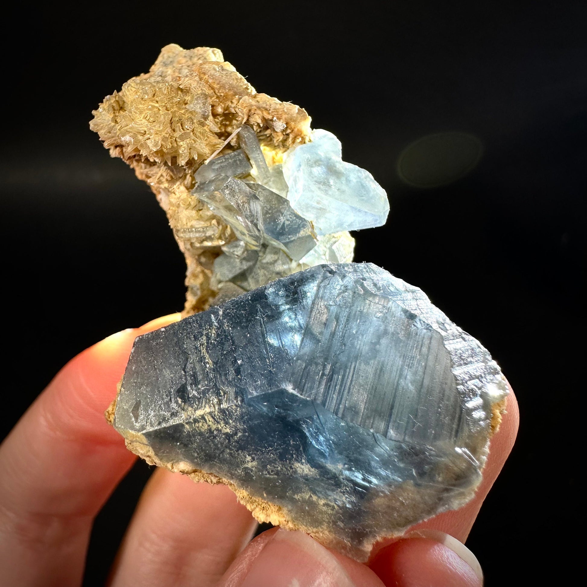 Blue Celestite on Calcite (Afghanistan), terminated celestite cluster, dark blue celestite, mineral specimen, natural celestite