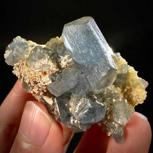 Blue Celestite on Calcite (Afghanistan), terminated celestite cluster, dark blue celestite, mineral specimen, natural celestite
