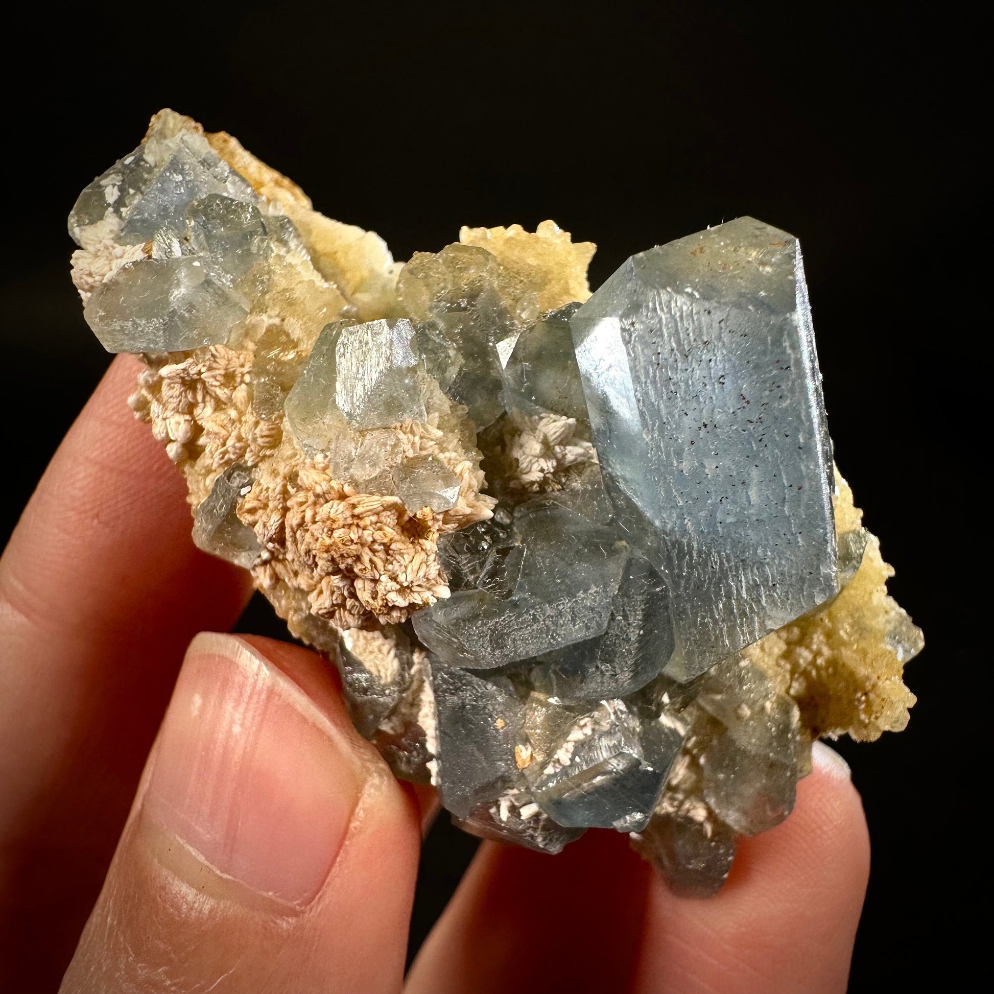 Blue Celestite on Calcite (Afghanistan), terminated celestite cluster, dark blue celestite, mineral specimen, natural celestite