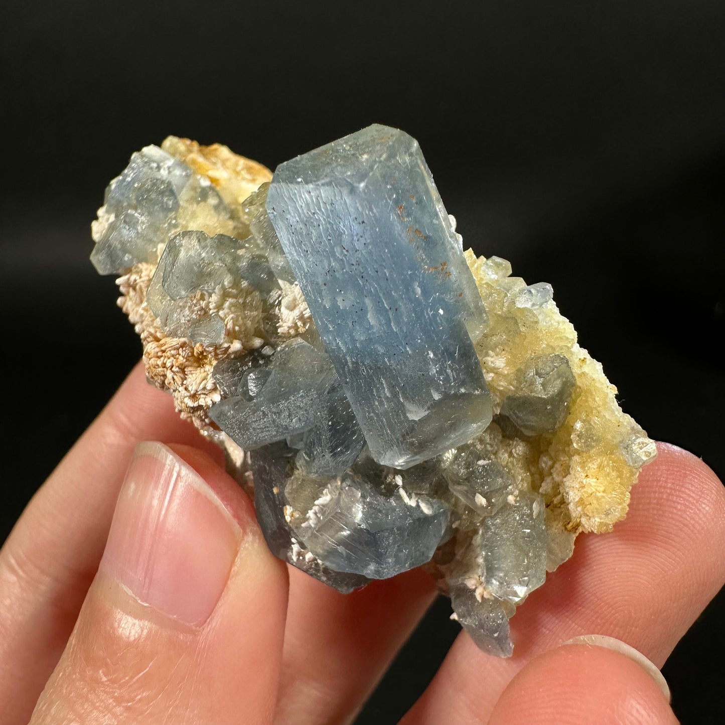 Blue Celestite on Calcite (Afghanistan), terminated celestite cluster, dark blue celestite, mineral specimen, natural celestite
