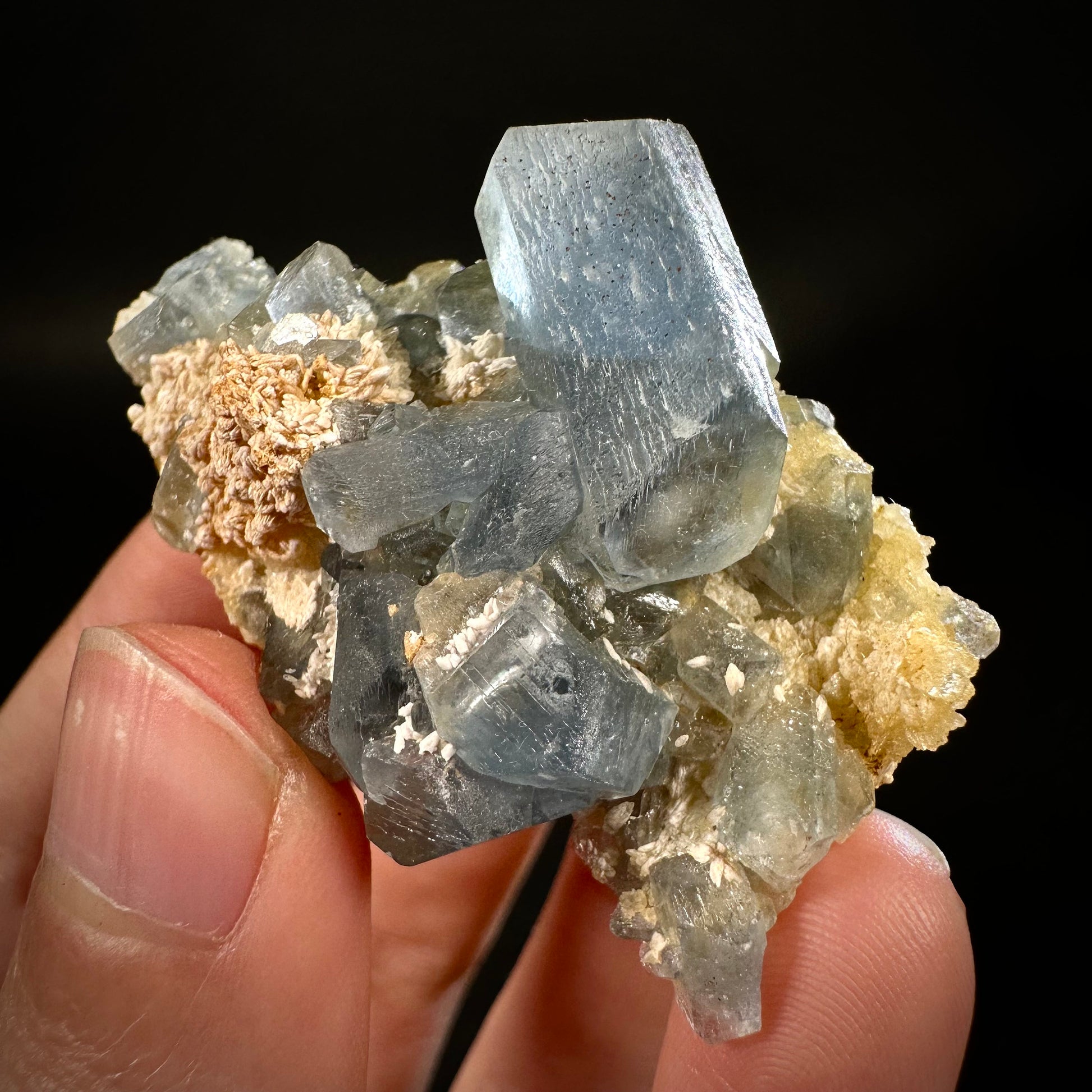 Blue Celestite on Calcite (Afghanistan), terminated celestite cluster, dark blue celestite, mineral specimen, natural celestite