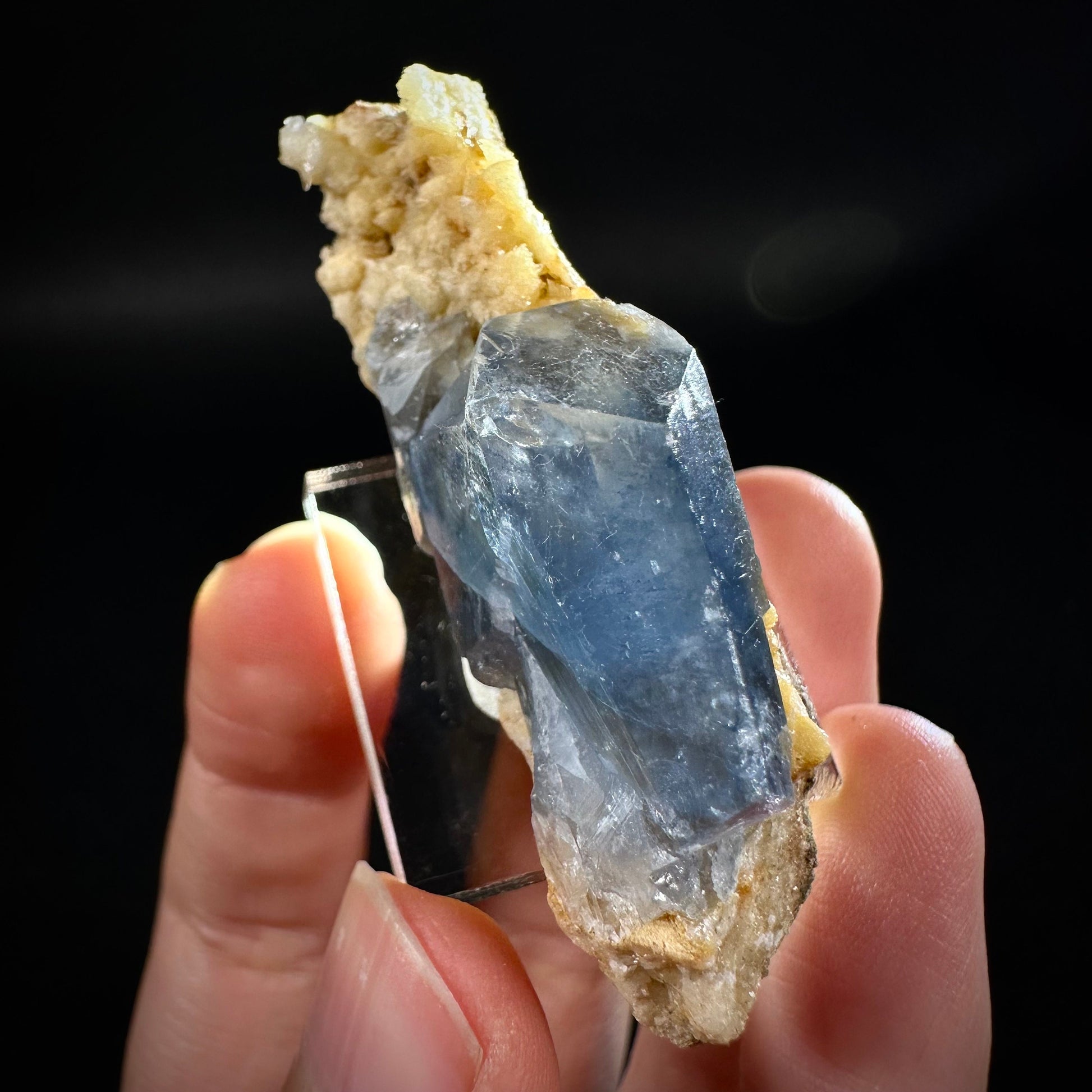 Blue Celestite on Calcite (Afghanistan), terminated celestite cluster, dark blue celestite, mineral specimen, natural celestite