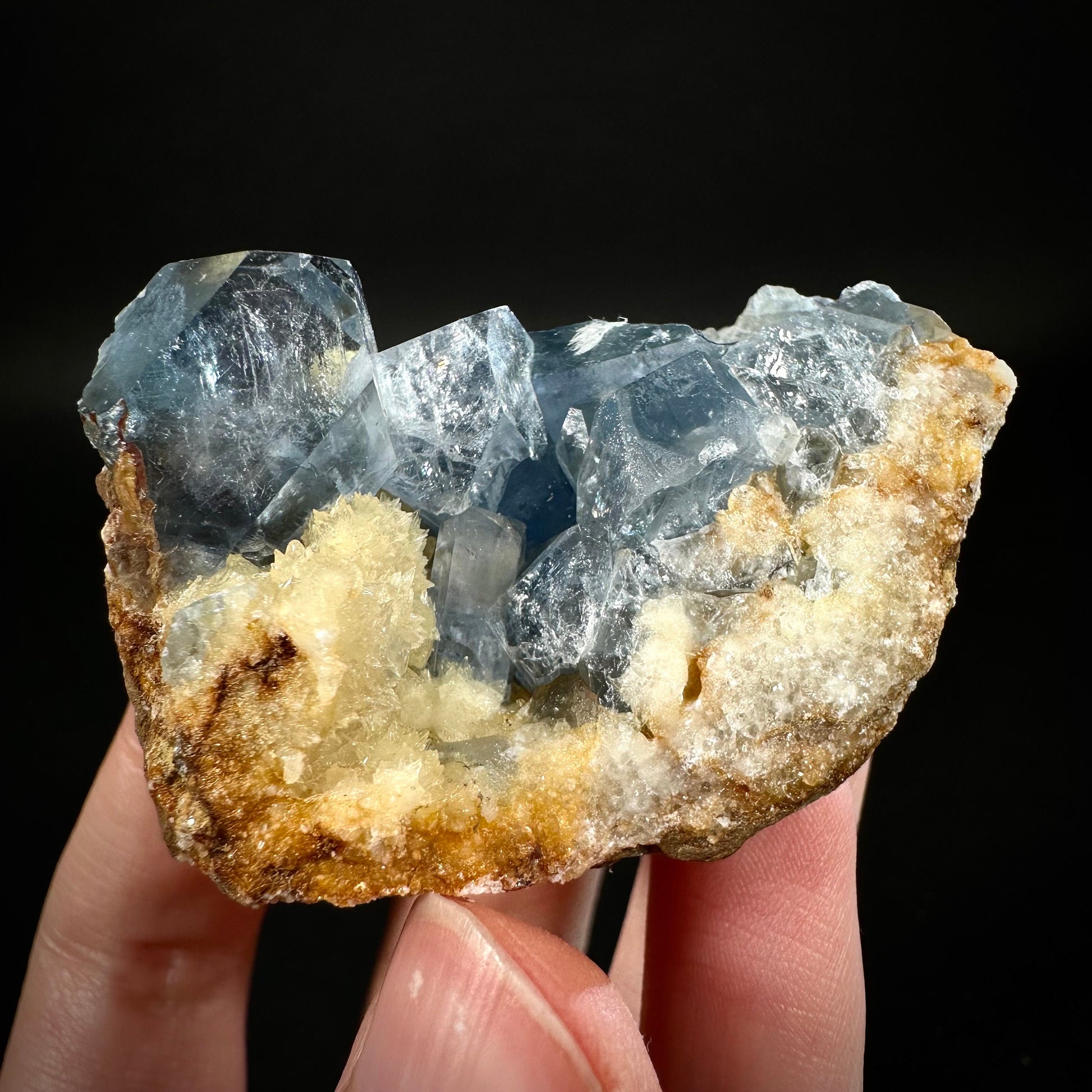 Blue Celestite on Calcite (Afghanistan), terminated celestite cluster, dark blue celestite, mineral specimen, natural celestite