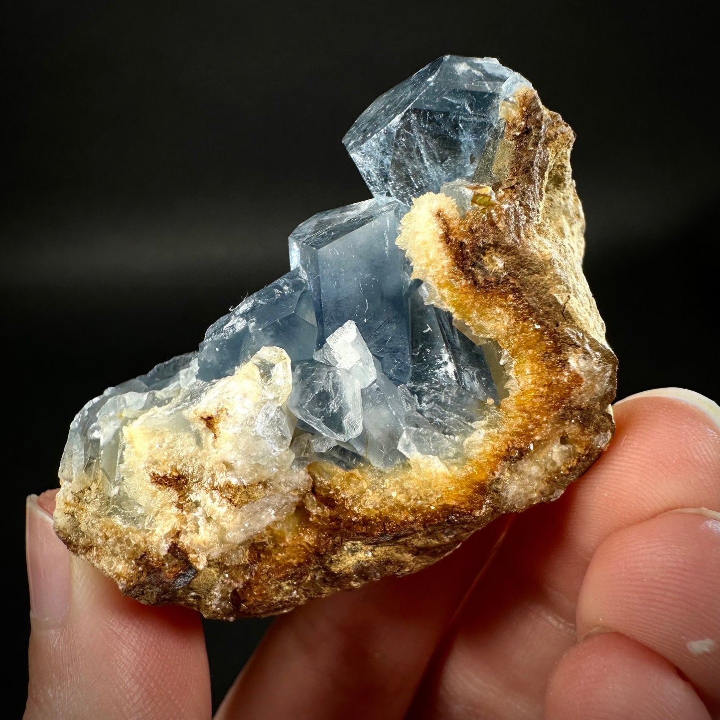Blue Celestite on Calcite (Afghanistan), terminated celestite cluster, dark blue celestite, mineral specimen, natural celestite