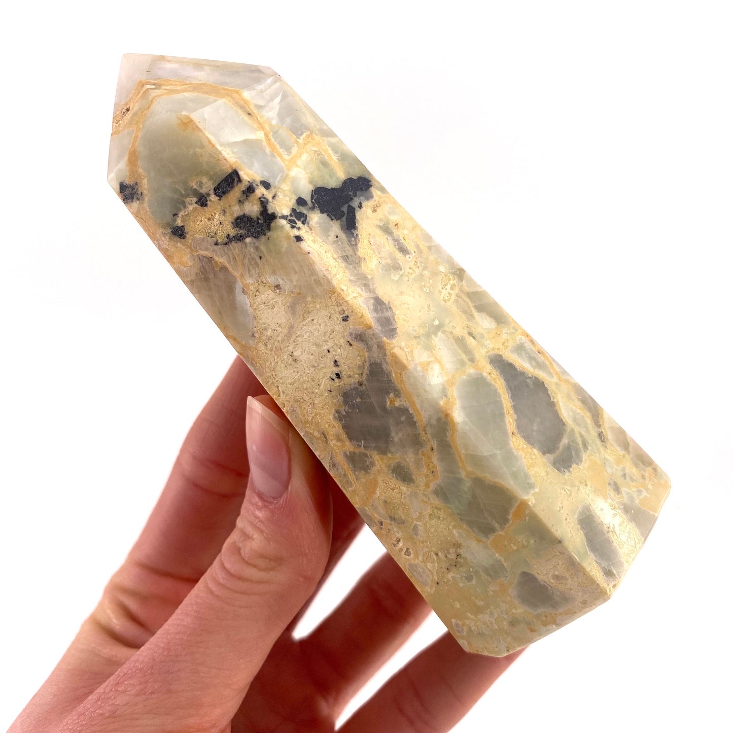 Garnierite Point, crystal point, garnierite tower, Garnierite Palm Stone, garnierite, polished garnierite