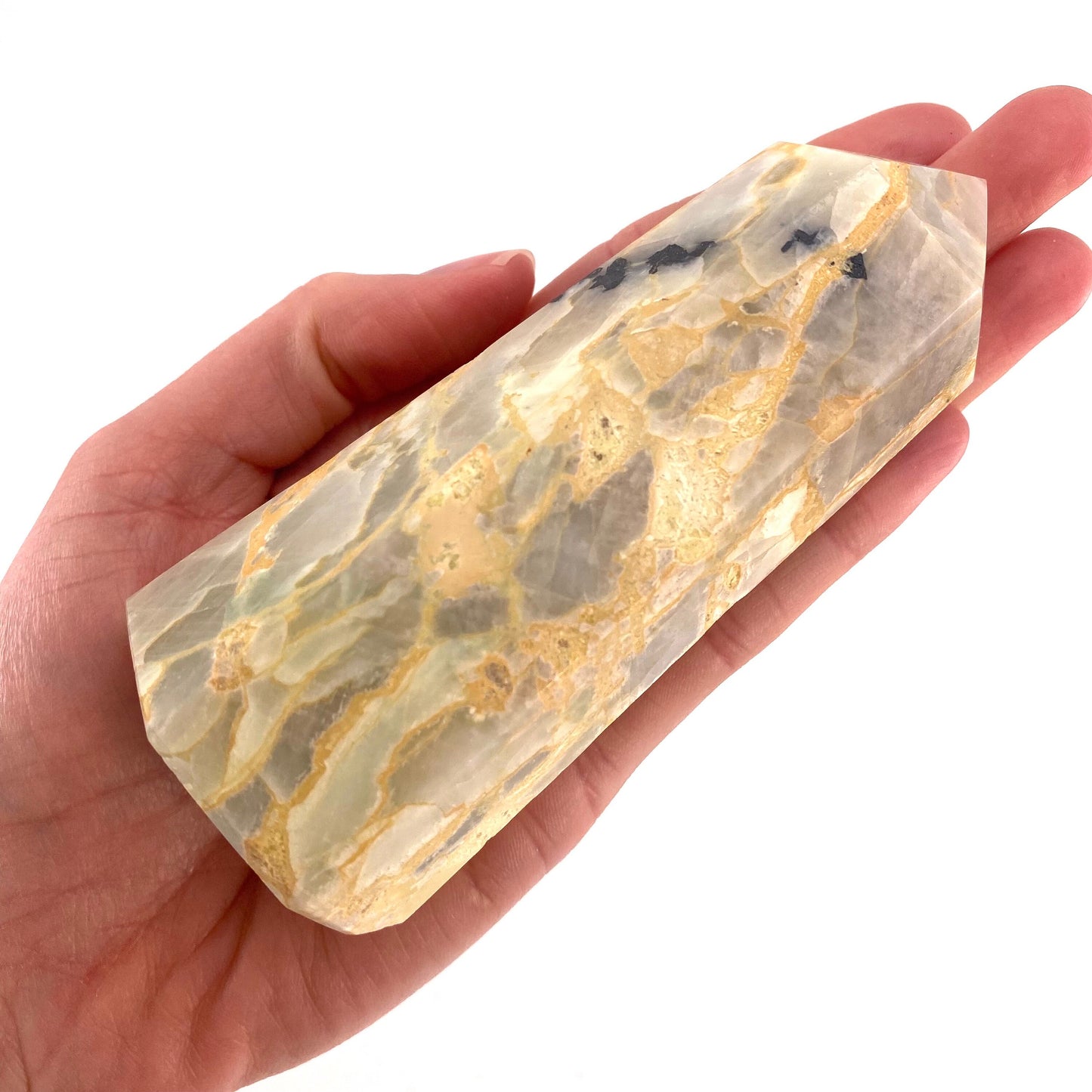 Garnierite Point, crystal point, garnierite tower, Garnierite Palm Stone, garnierite, polished garnierite