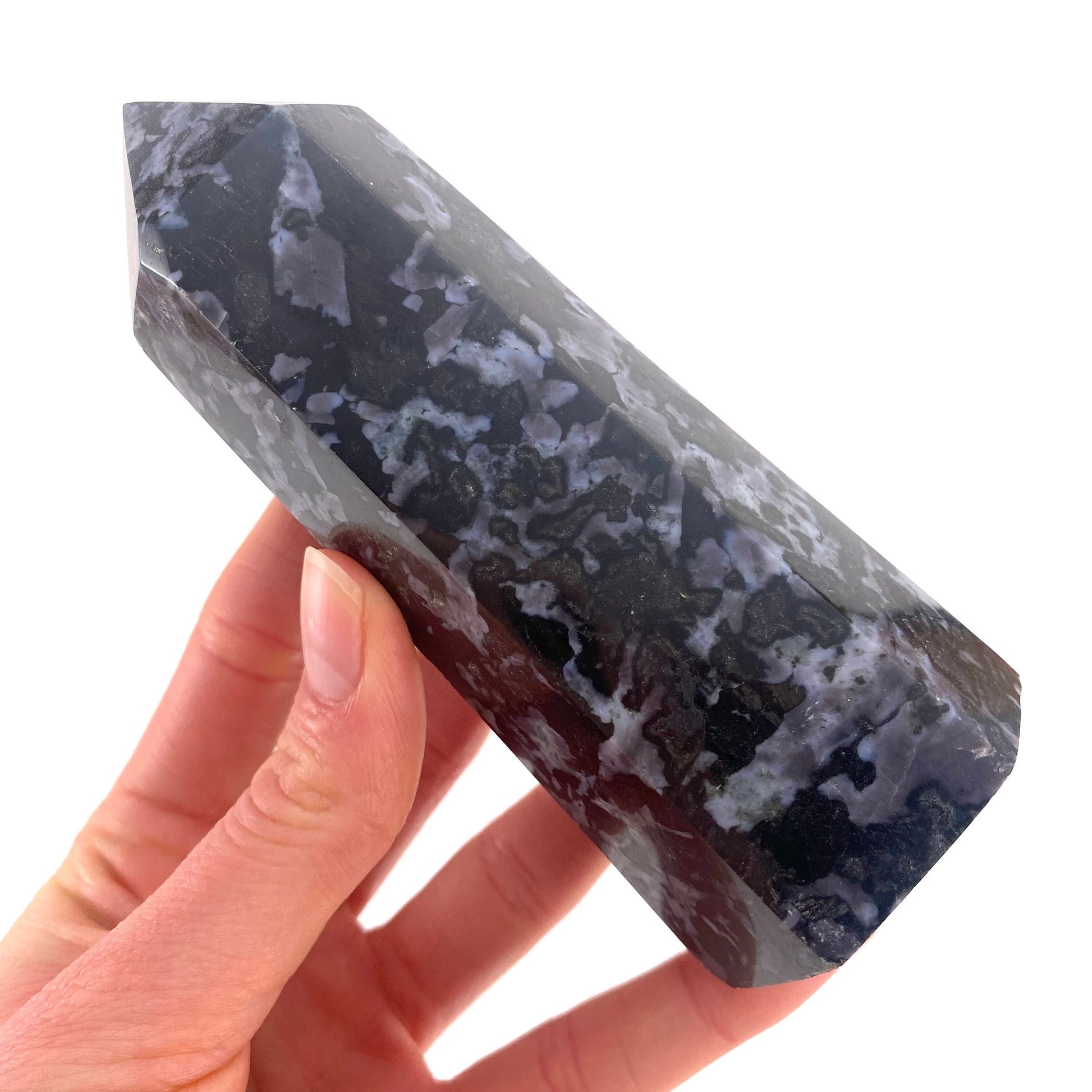 Indigo Gabbro Point, merlinite point, Gabbro Palm stone, Merlinite tower, Indigo Gabbro, crystal point
