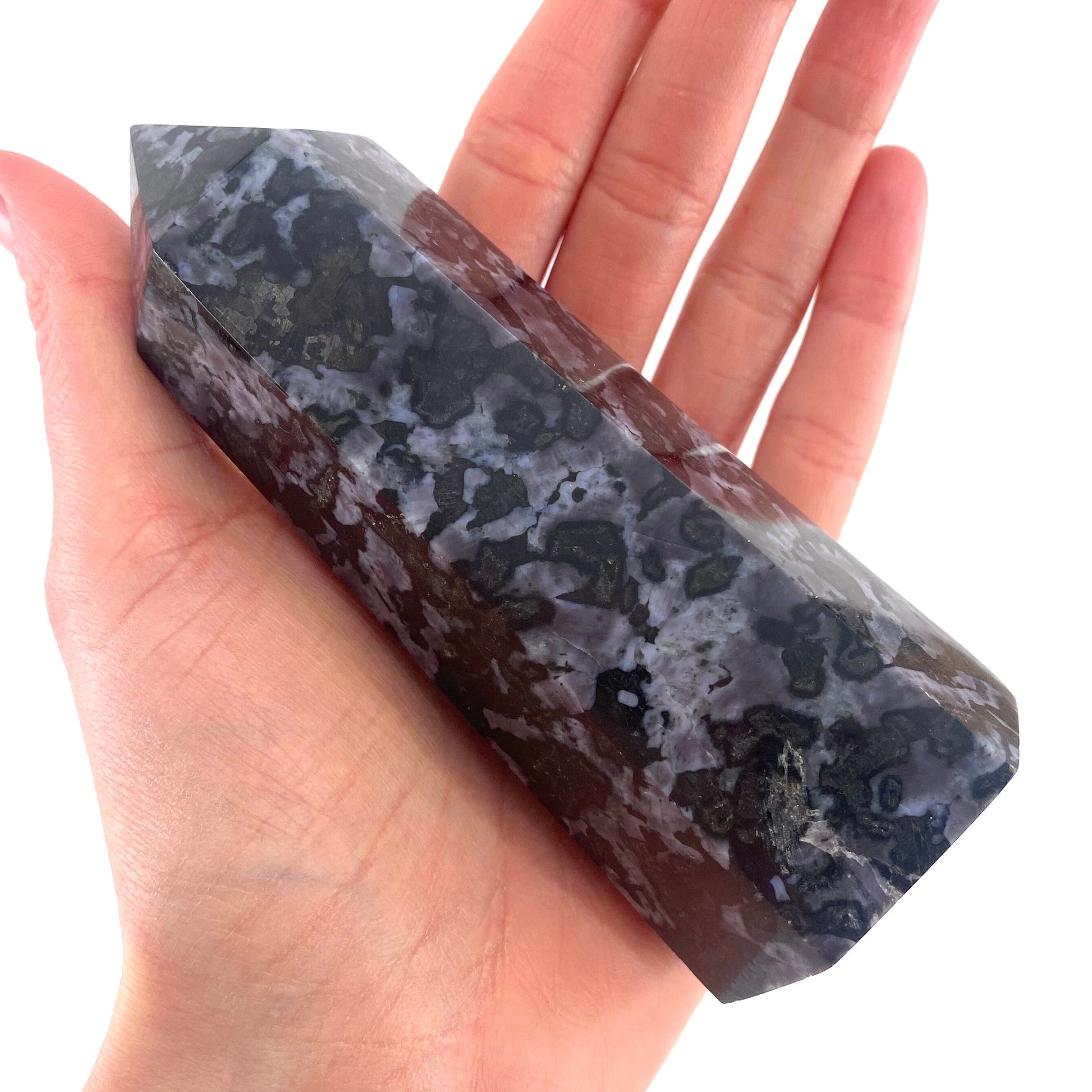 Indigo Gabbro Point, merlinite point, Gabbro Palm stone, Merlinite tower, Indigo Gabbro, crystal point