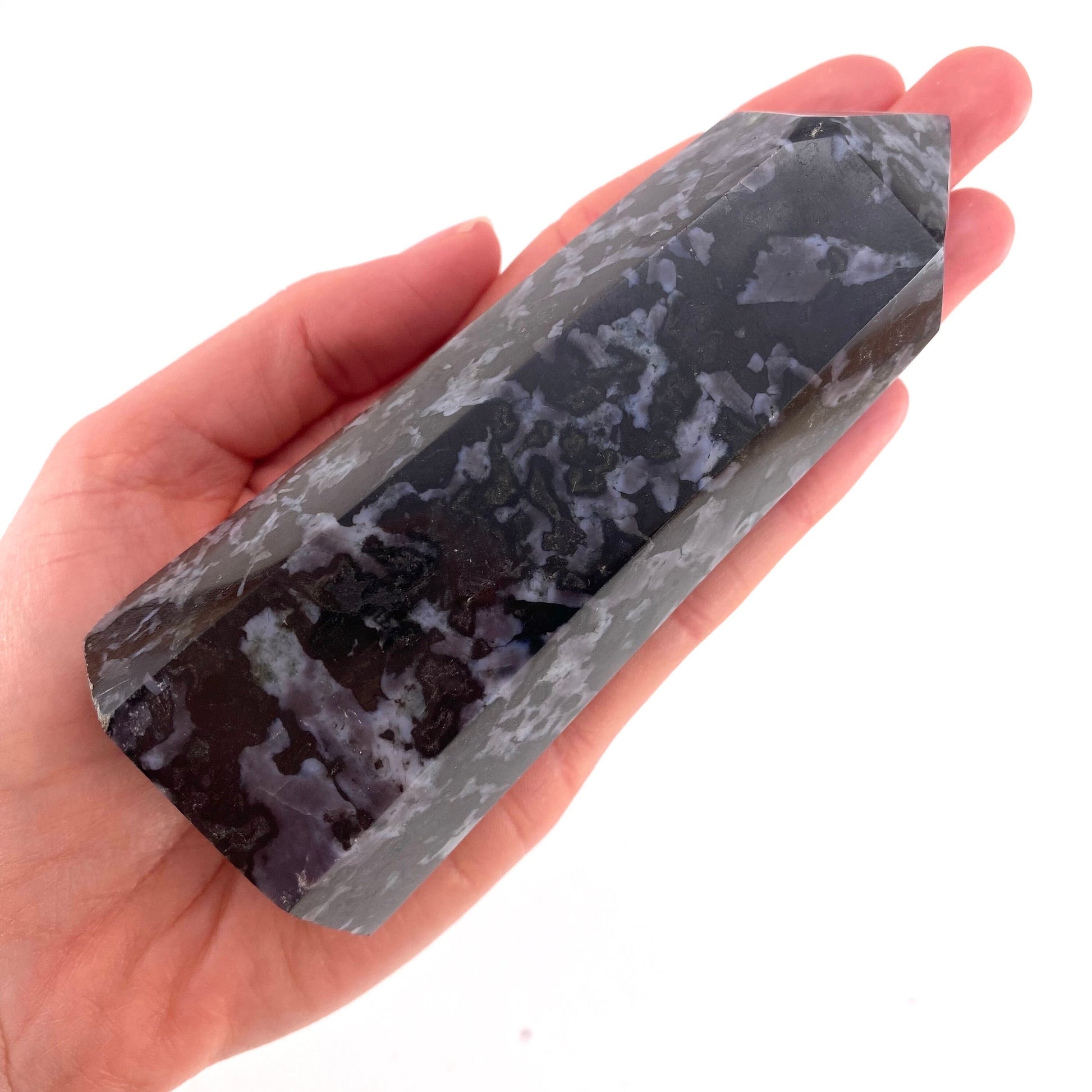 Indigo Gabbro Point, merlinite point, Gabbro Palm stone, Merlinite tower, Indigo Gabbro, crystal point