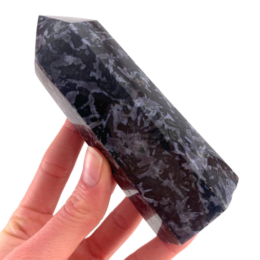 Indigo Gabbro Point, merlinite point, Gabbro Palm stone, Merlinite tower, Indigo Gabbro, crystal point