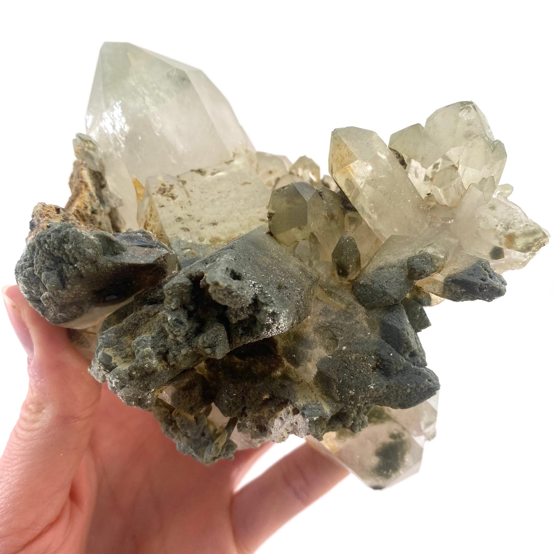 Green phantom quartz cluster (Pakistan) | green phantom quartz, chlorite quartz, green chlorite quartz