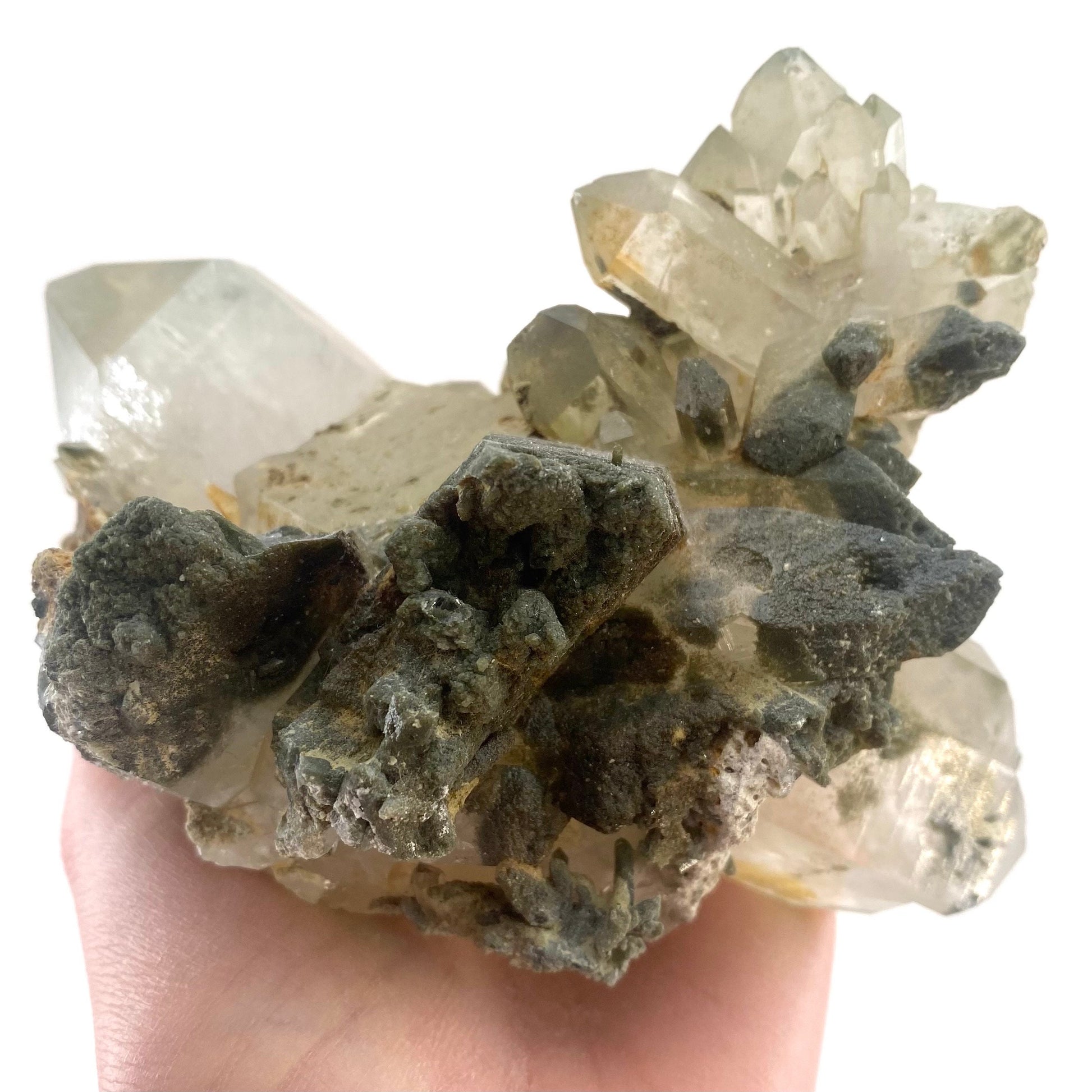 Green phantom quartz cluster (Pakistan) | green phantom quartz, chlorite quartz, green chlorite quartz
