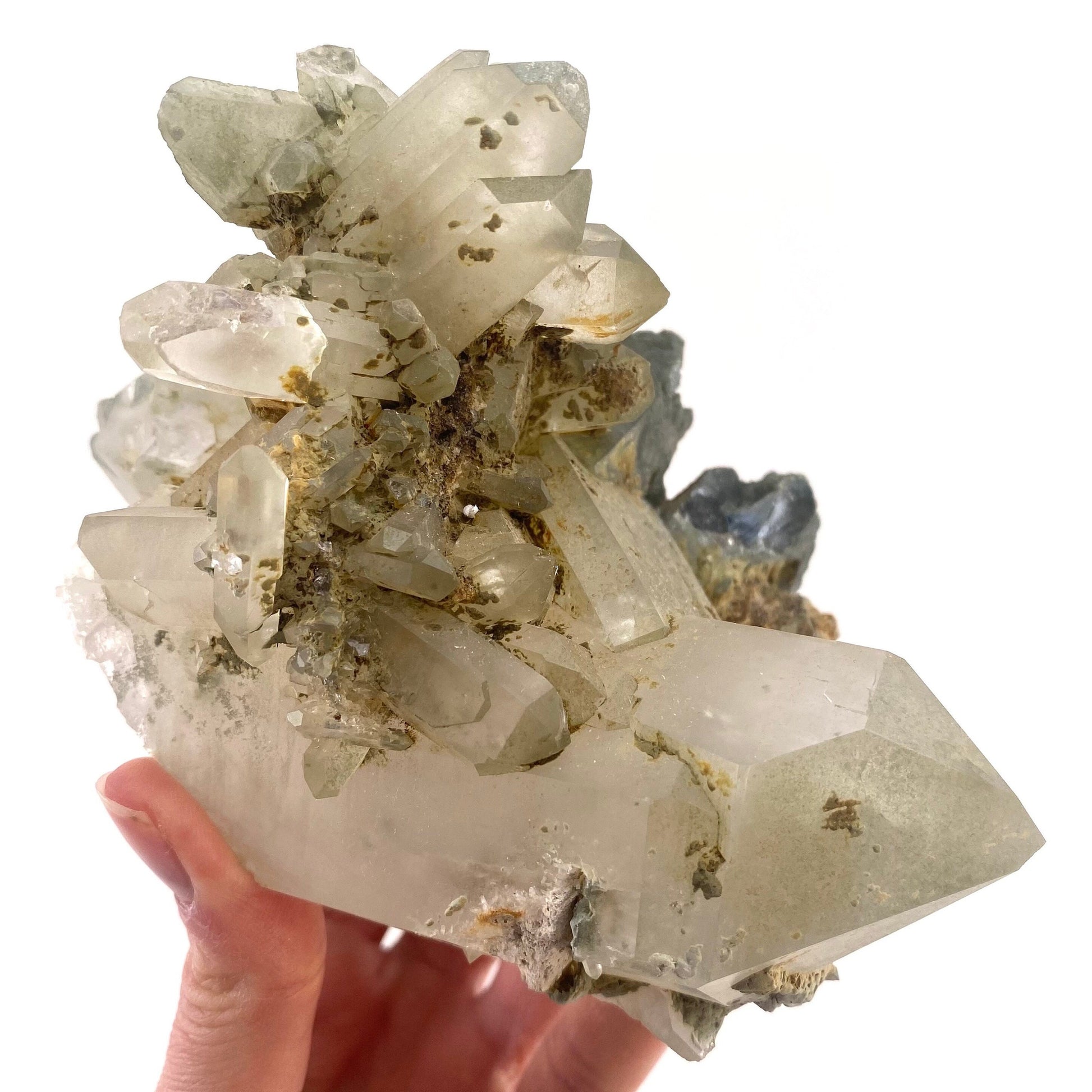 Green phantom quartz cluster (Pakistan) | green phantom quartz, chlorite quartz, green chlorite quartz