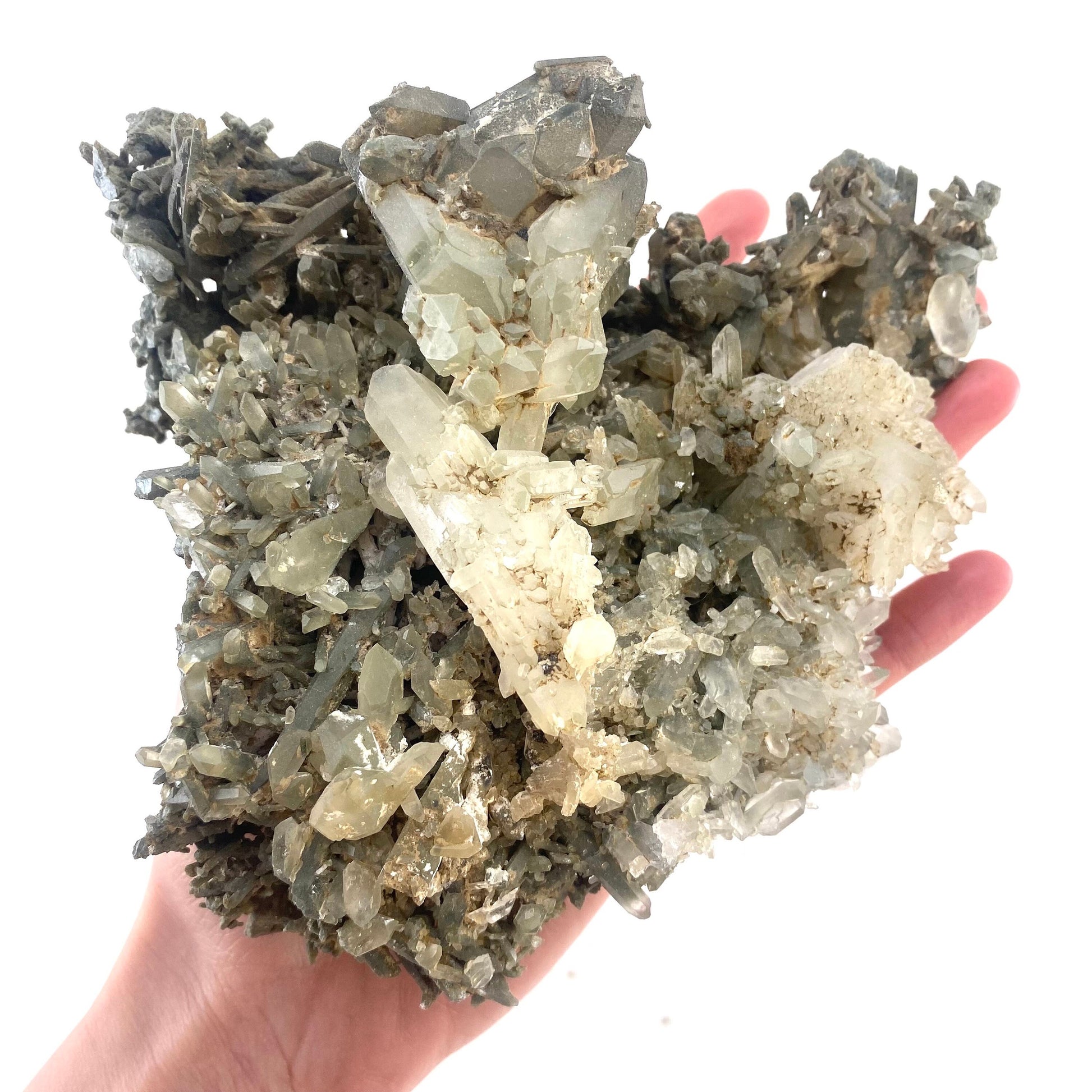 Green phantom quartz cluster (Pakistan) | green phantom quartz, chlorite quartz, green chlorite quartz