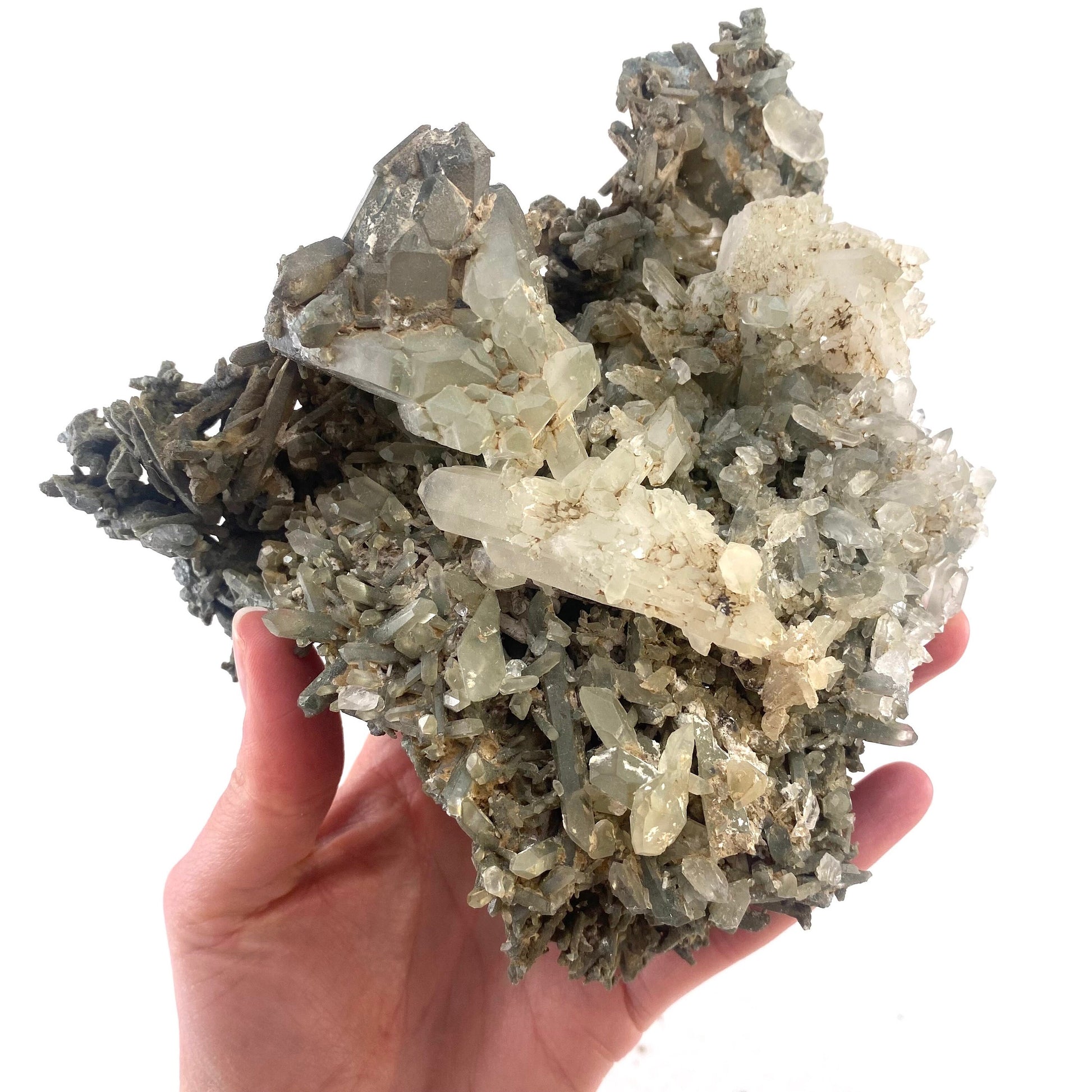Green phantom quartz cluster (Pakistan) | green phantom quartz, chlorite quartz, green chlorite quartz