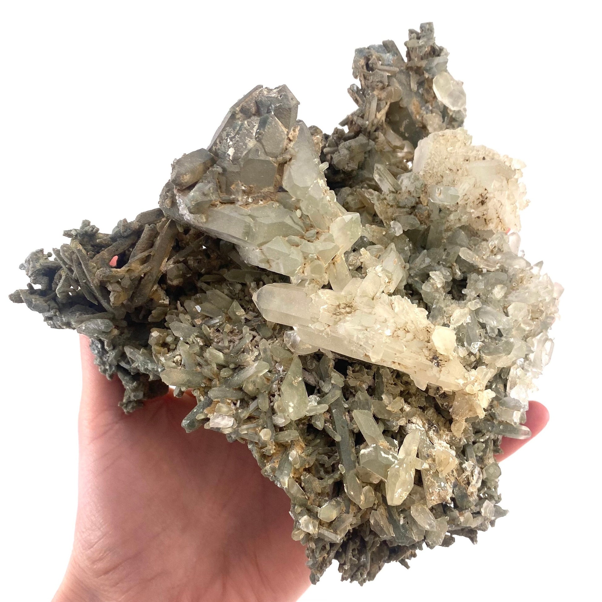 Green phantom quartz cluster (Pakistan) | green phantom quartz, chlorite quartz, green chlorite quartz