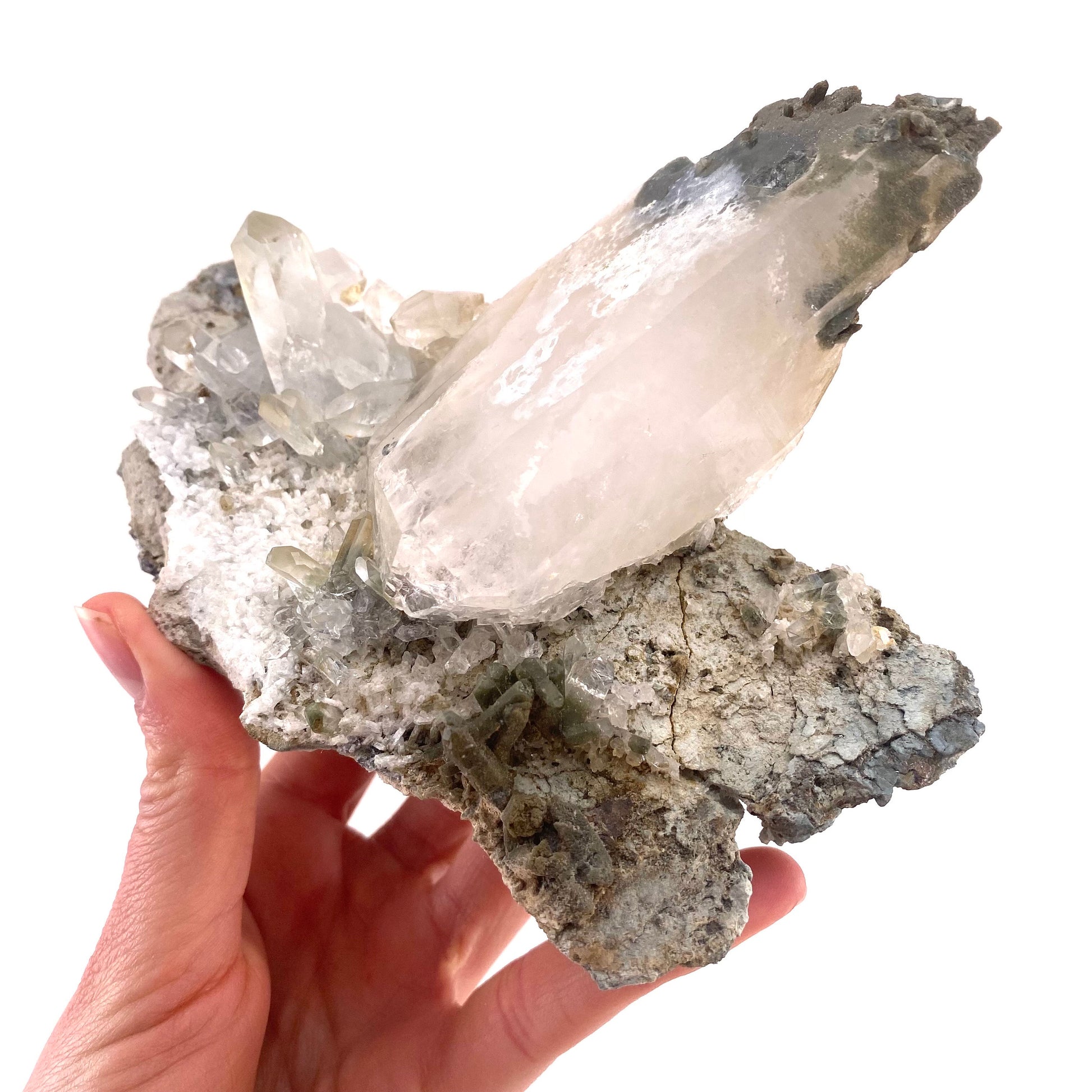 Green phantom quartz cluster (Pakistan) | green phantom quartz, chlorite quartz, green chlorite quartz