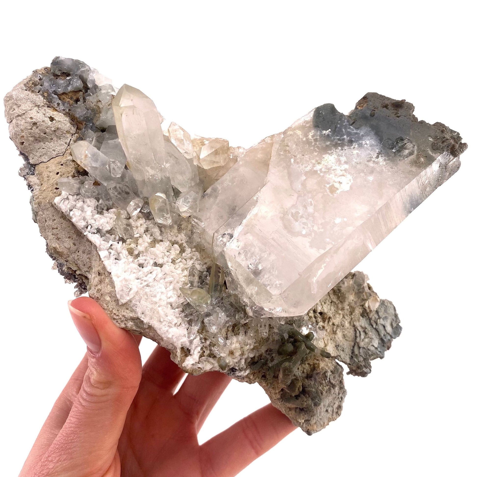 Green phantom quartz cluster (Pakistan) | green phantom quartz, chlorite quartz, green chlorite quartz