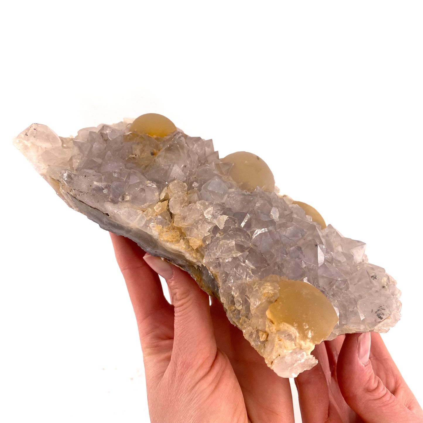 XXL Botryoidal Fluorite on Quartz (India) | fried egg crystal, egg fluorite, fluorite crystal, mineral specimen, yellow fluorite
