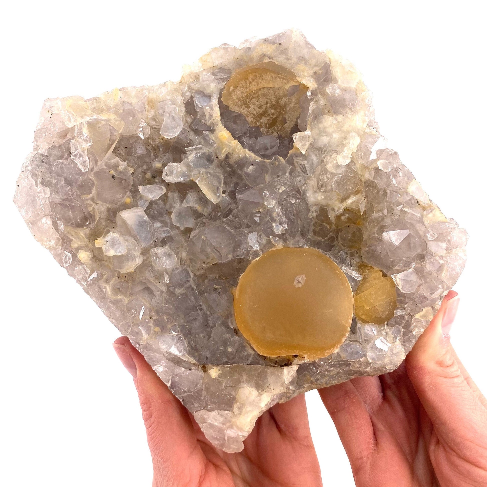 XXL Botryoidal Fluorite on Quartz (India) | fried egg crystal, egg fluorite, fluorite crystal, mineral specimen, yellow fluorite