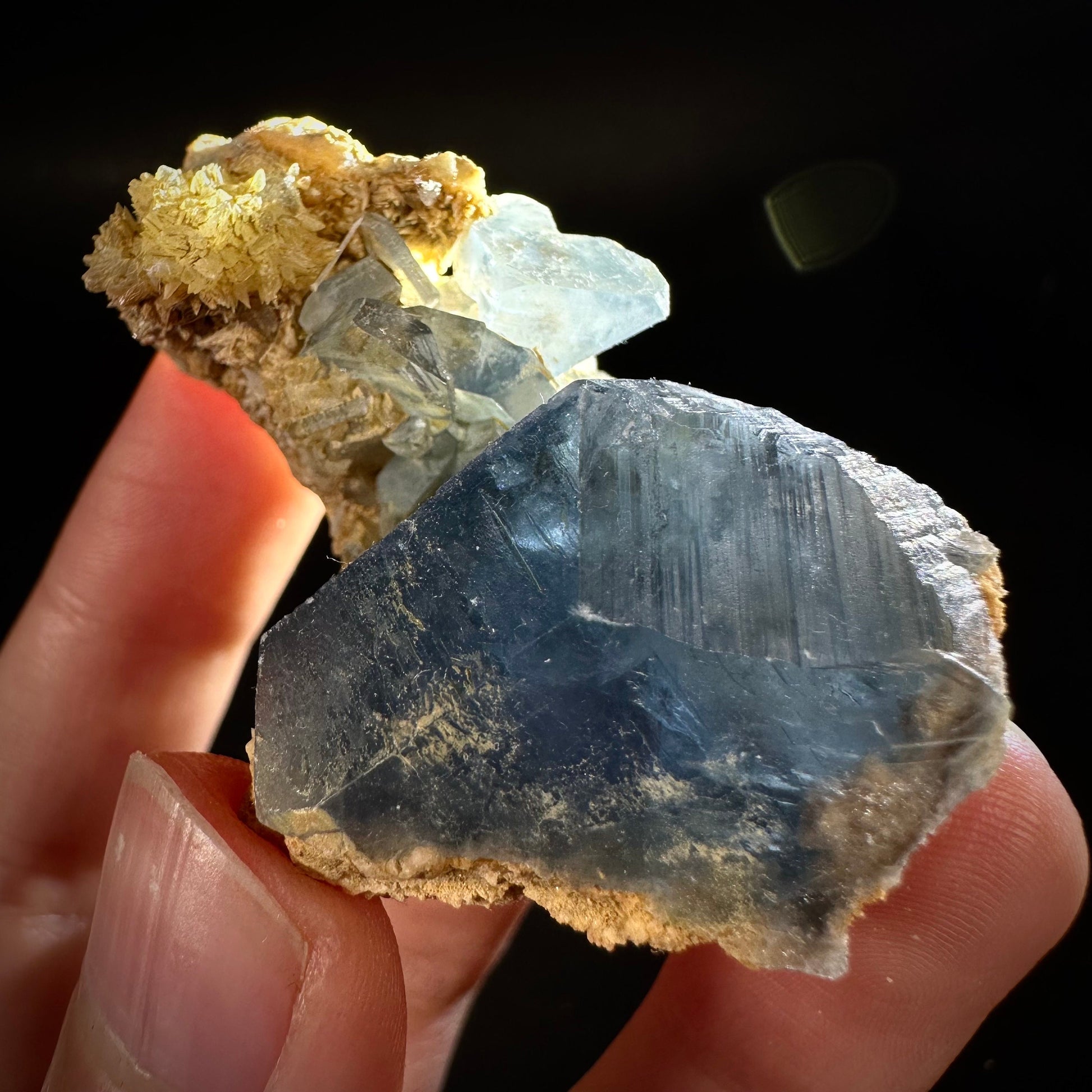 Blue Celestite on Calcite (Afghanistan), terminated celestite cluster, dark blue celestite, mineral specimen, natural celestite