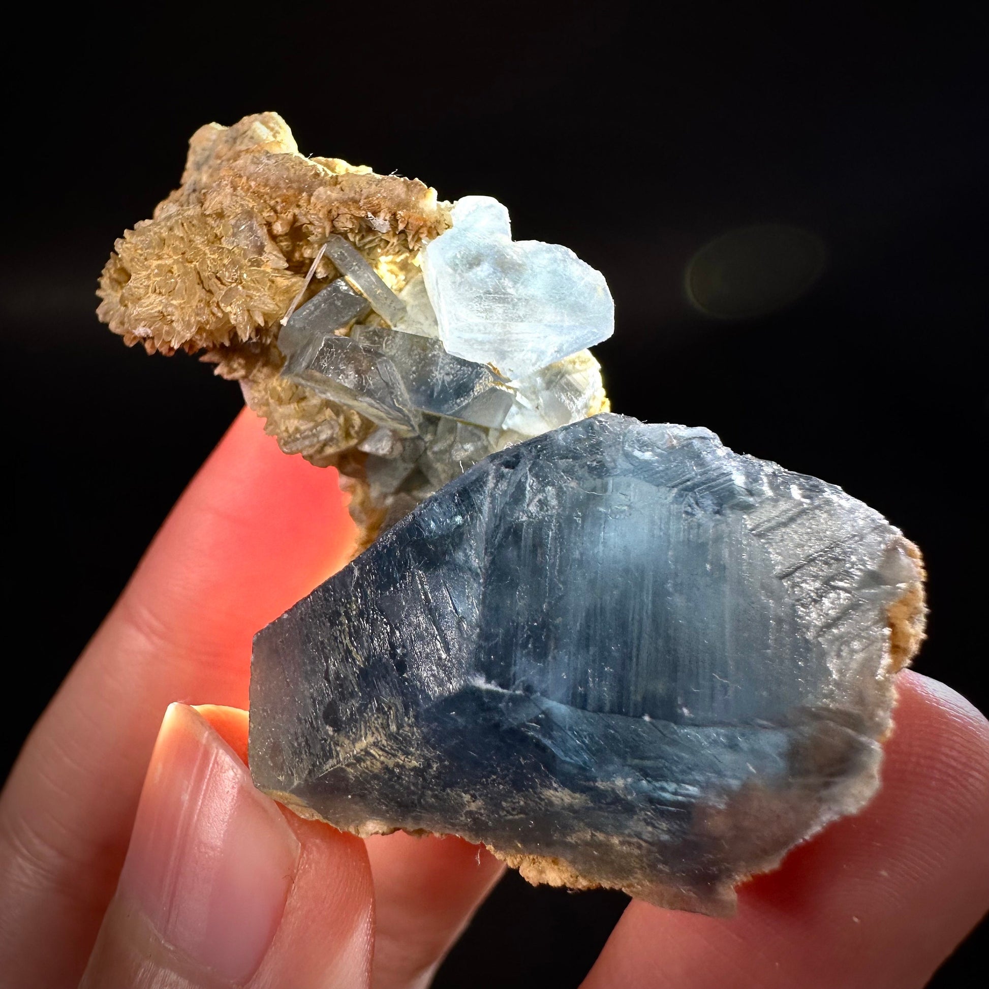 Blue Celestite on Calcite (Afghanistan), terminated celestite cluster, dark blue celestite, mineral specimen, natural celestite