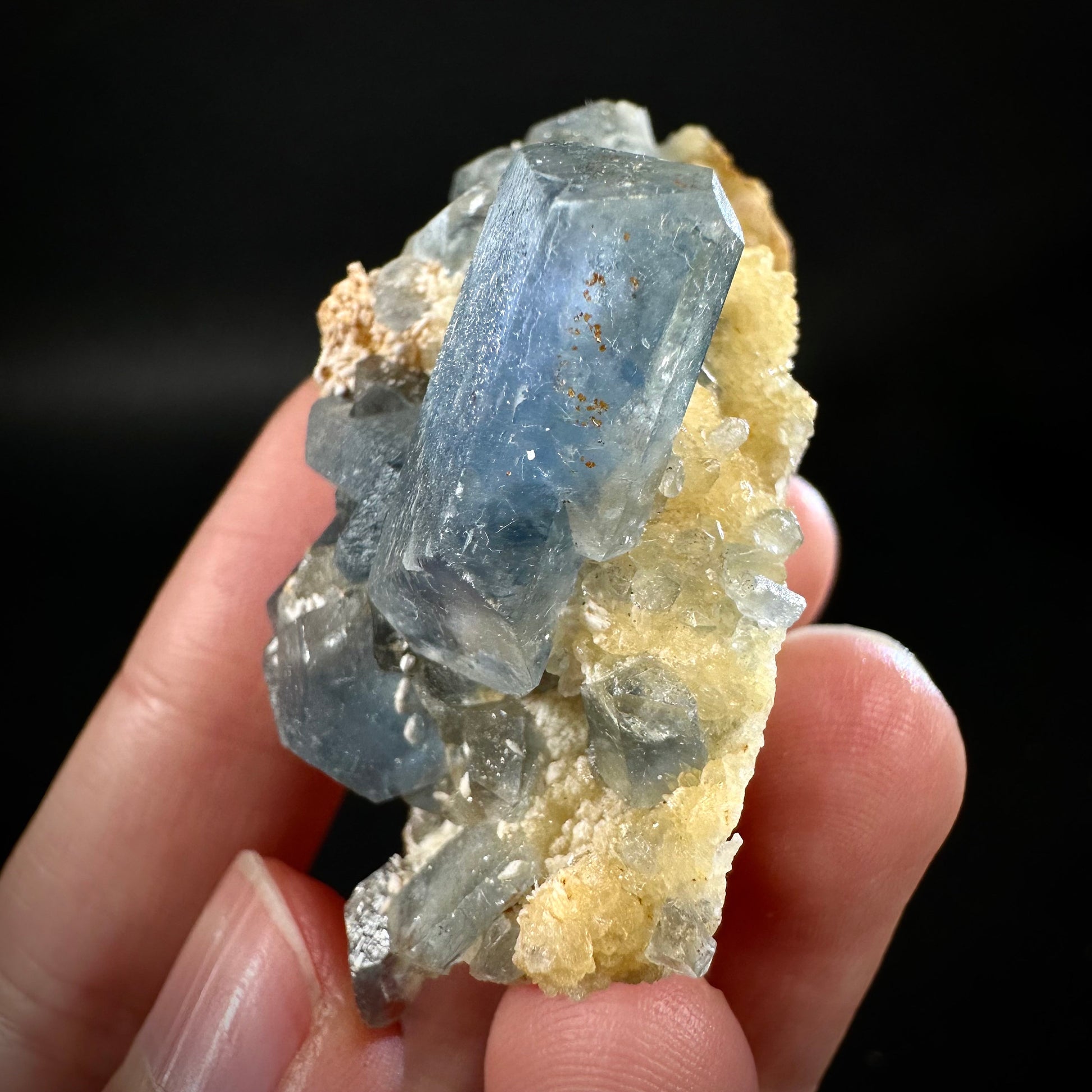 Blue Celestite on Calcite (Afghanistan), terminated celestite cluster, dark blue celestite, mineral specimen, natural celestite