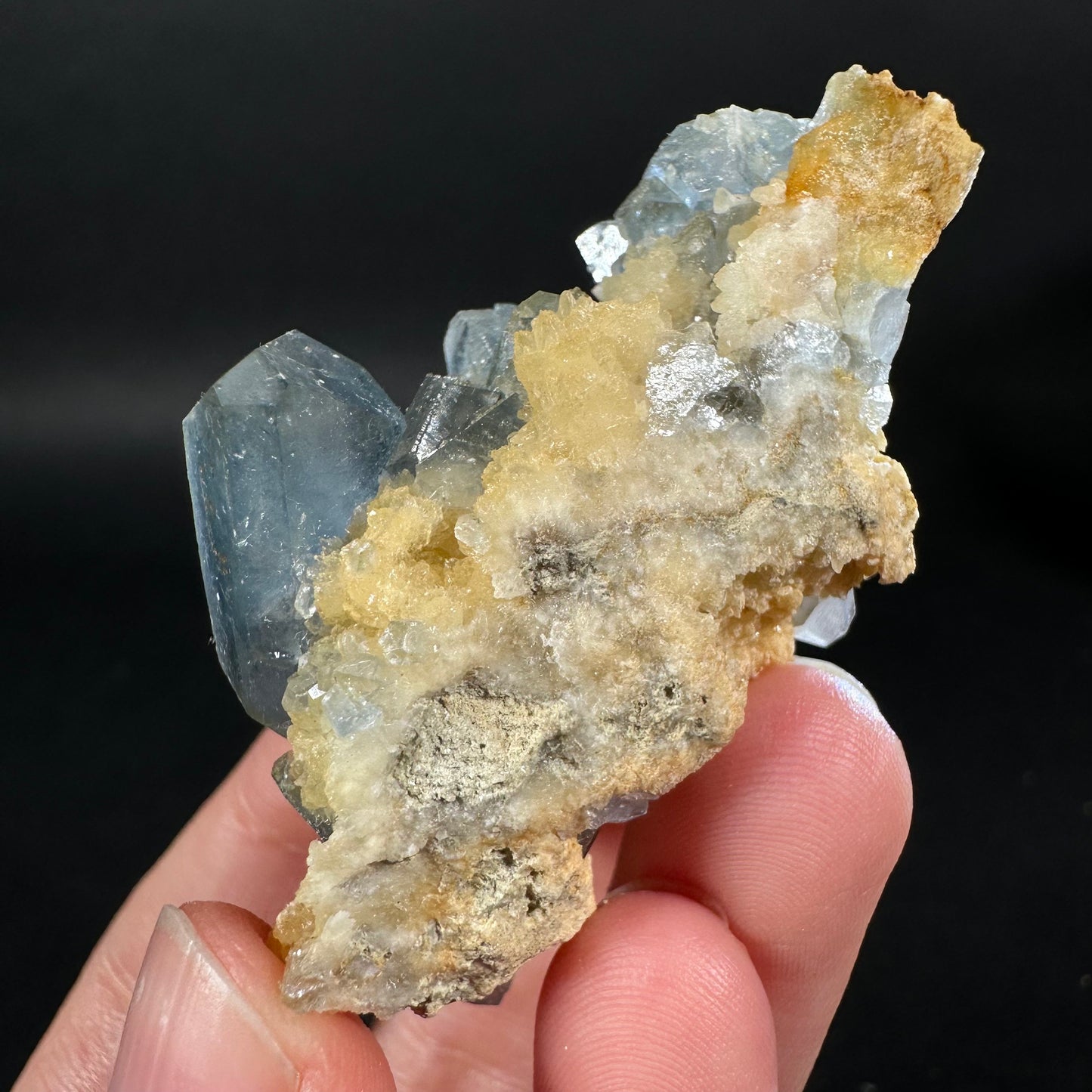 Blue Celestite on Calcite (Afghanistan), terminated celestite cluster, dark blue celestite, mineral specimen, natural celestite