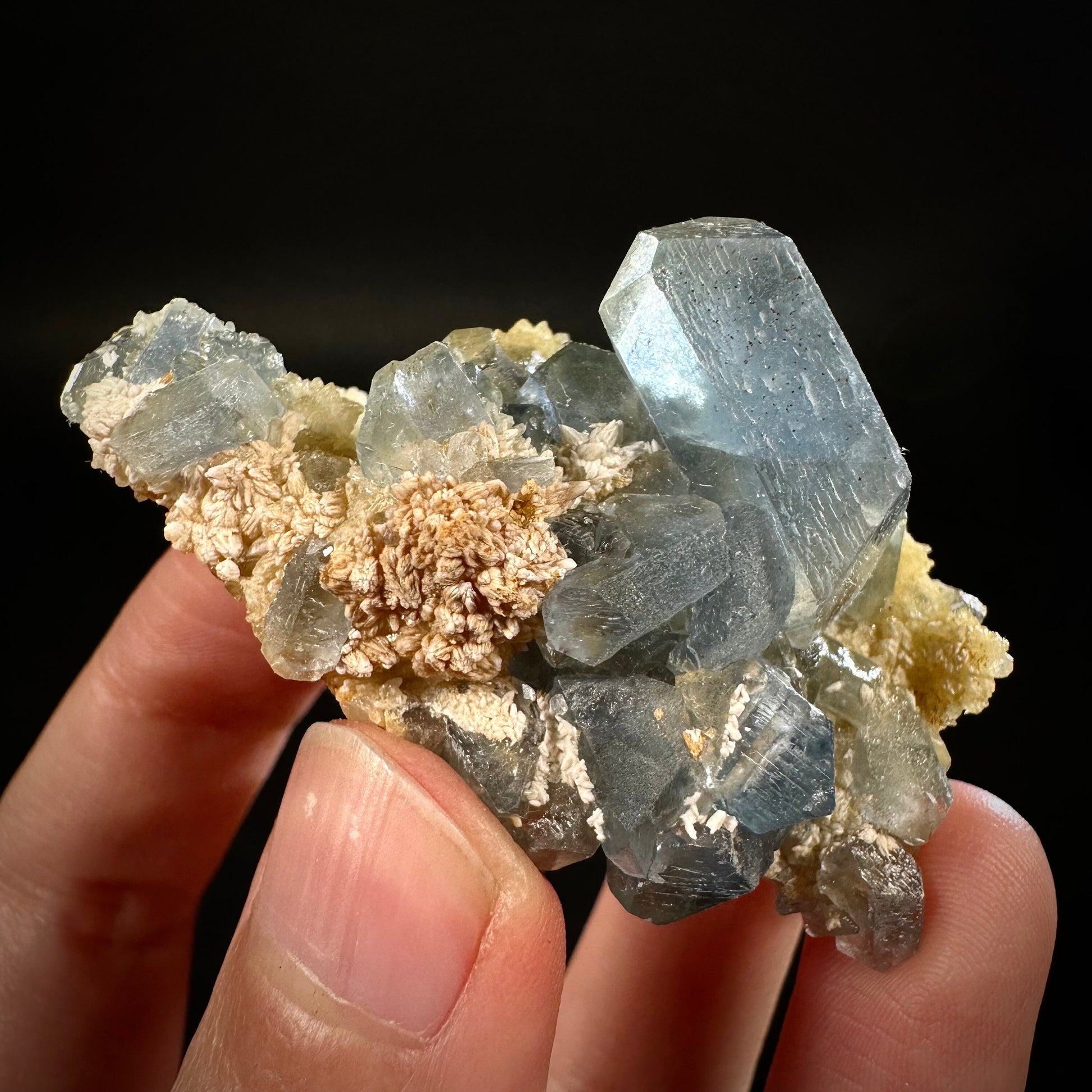 Blue Celestite on Calcite (Afghanistan), terminated celestite cluster, dark blue celestite, mineral specimen, natural celestite