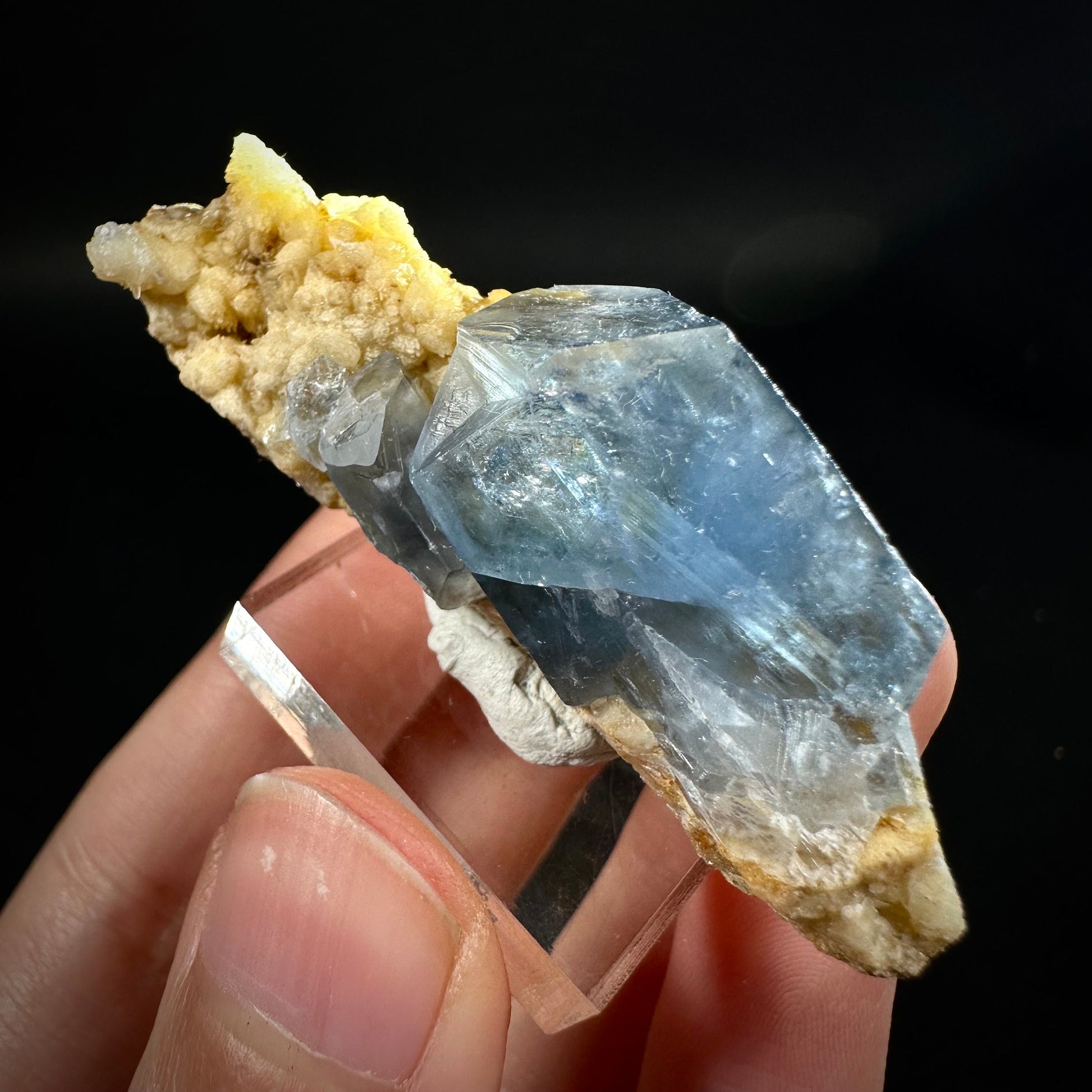 Blue Celestite on Calcite (Afghanistan), terminated celestite cluster, dark blue celestite, mineral specimen, natural celestite