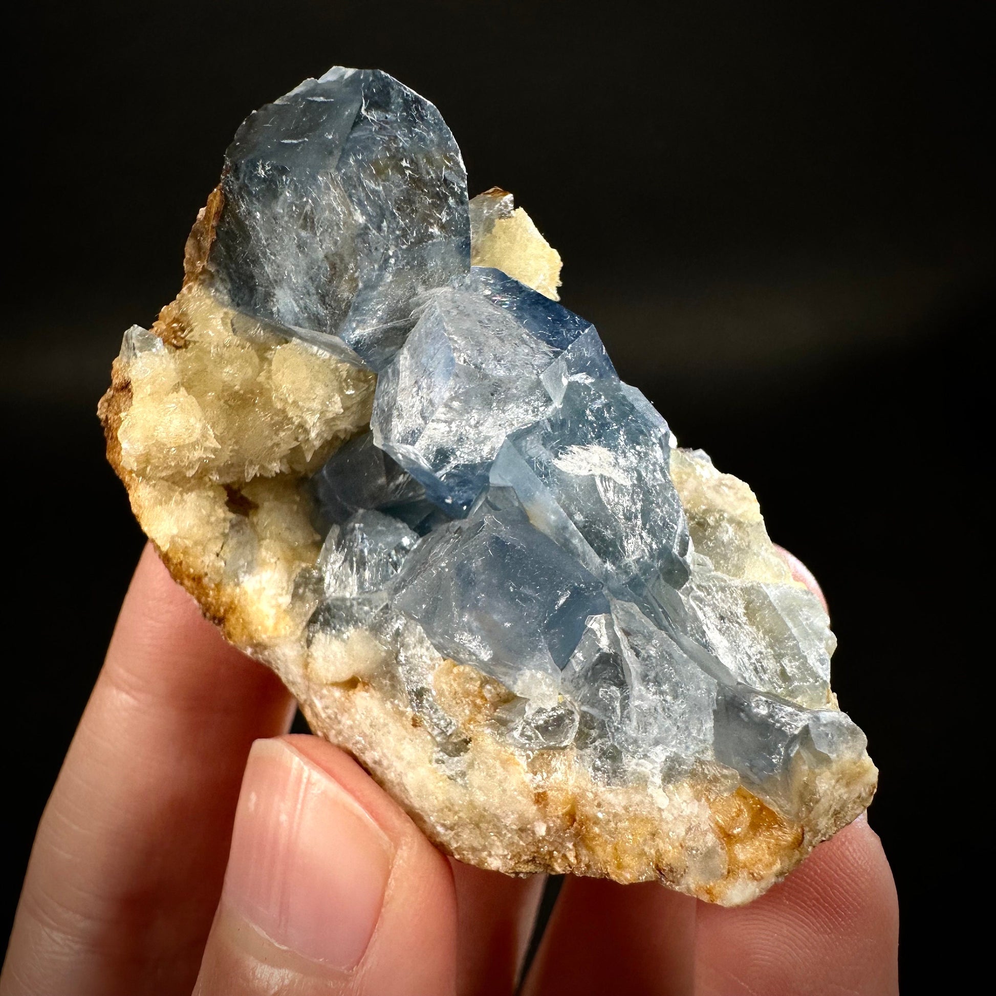 Blue Celestite on Calcite (Afghanistan), terminated celestite cluster, dark blue celestite, mineral specimen, natural celestite