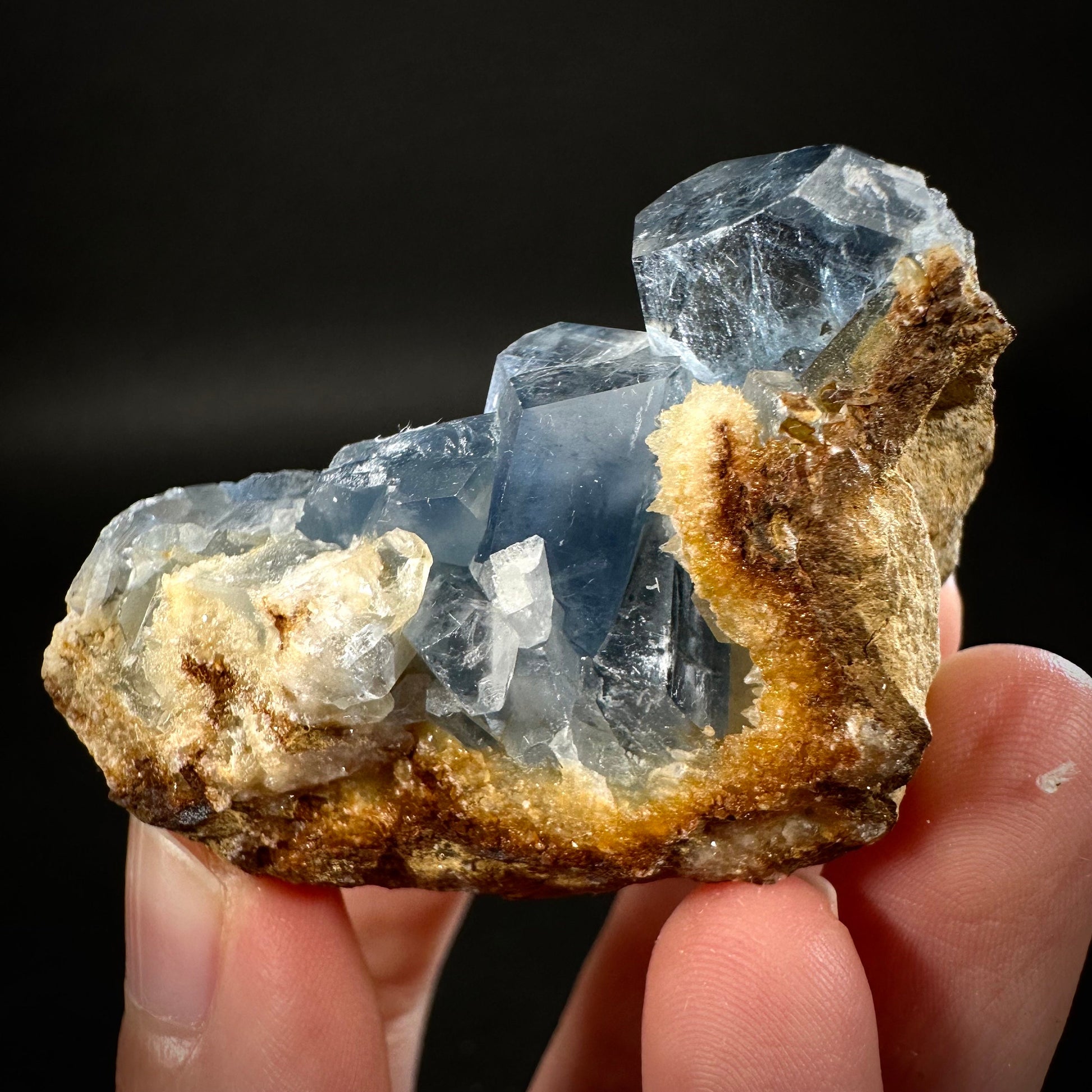 Blue Celestite on Calcite (Afghanistan), terminated celestite cluster, dark blue celestite, mineral specimen, natural celestite