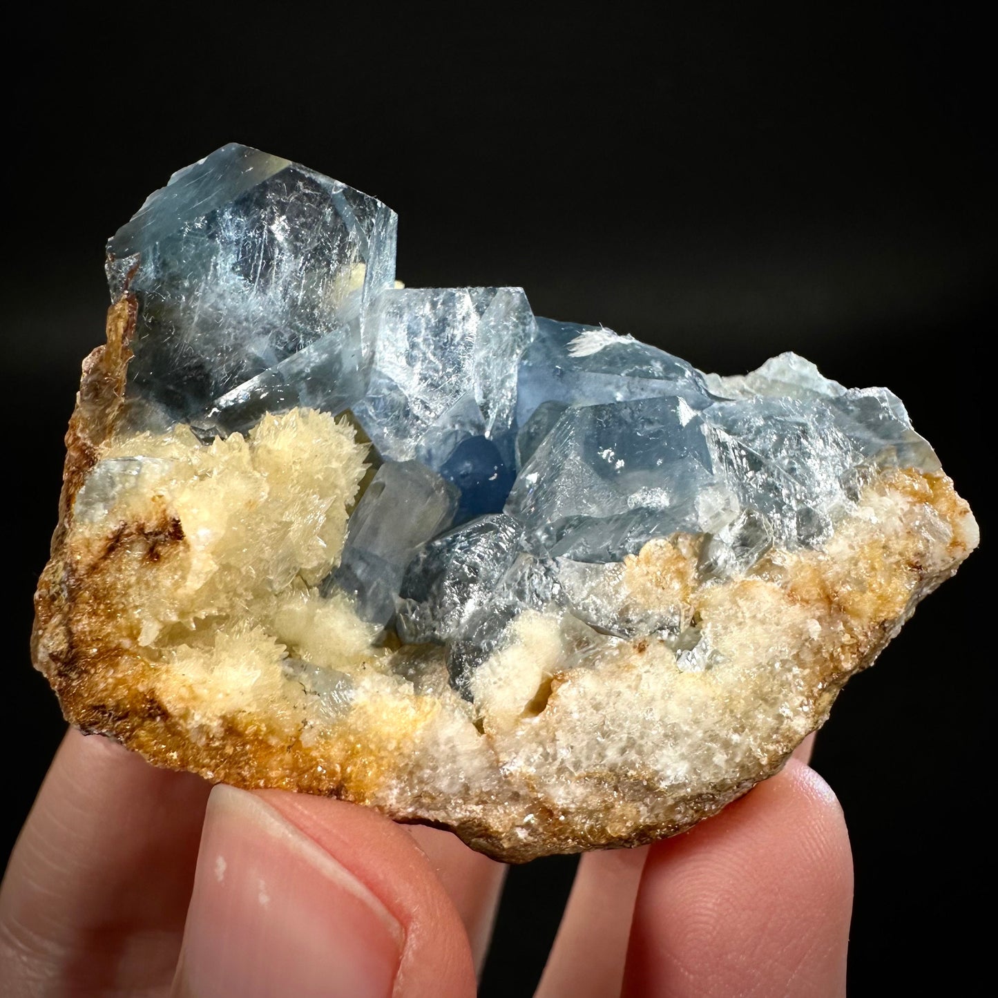 Blue Celestite on Calcite (Afghanistan), terminated celestite cluster, dark blue celestite, mineral specimen, natural celestite