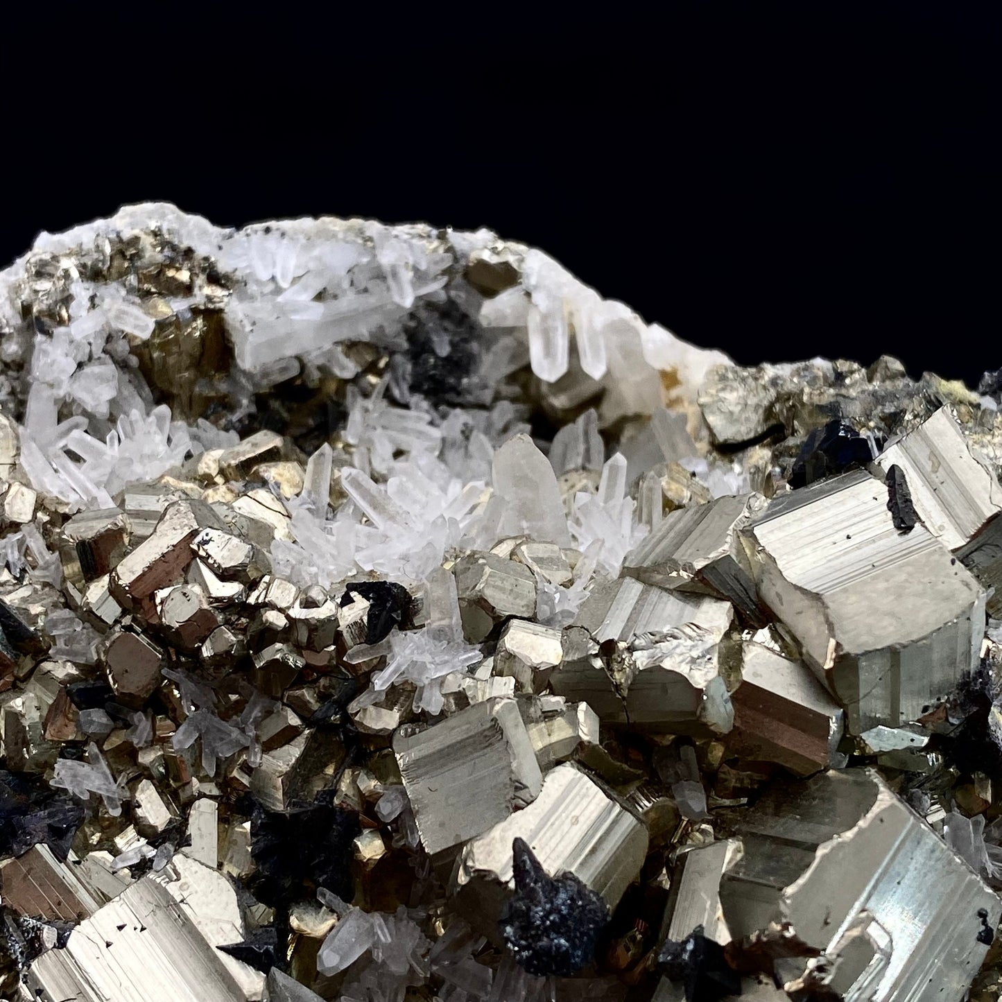 Quartz on Pyrite (Indonesia) | raw pyrite, natural pyrite cluster, quartz crystal, mineral specimen