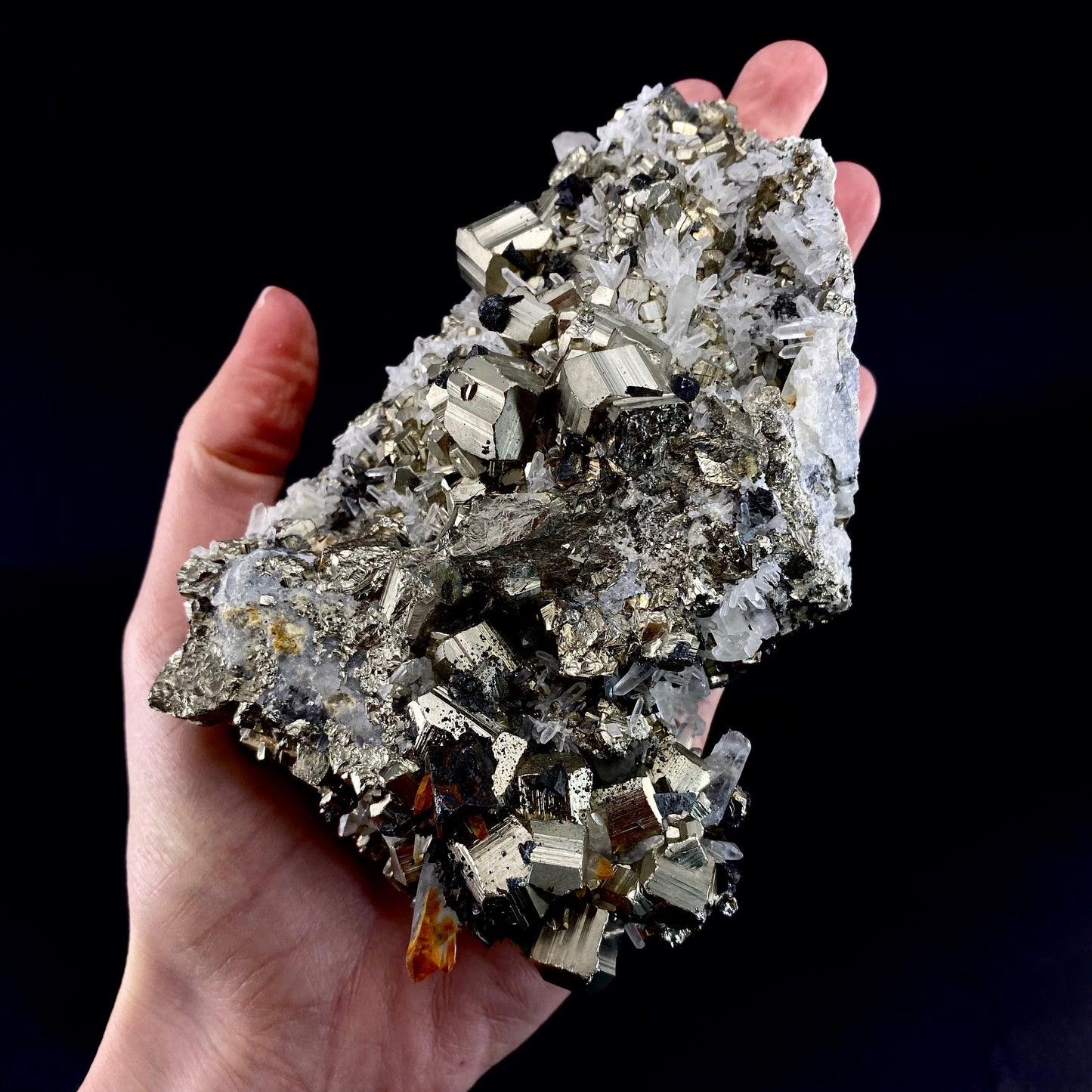 Quartz on Pyrite (Indonesia) | raw pyrite, natural pyrite cluster, quartz crystal, mineral specimen