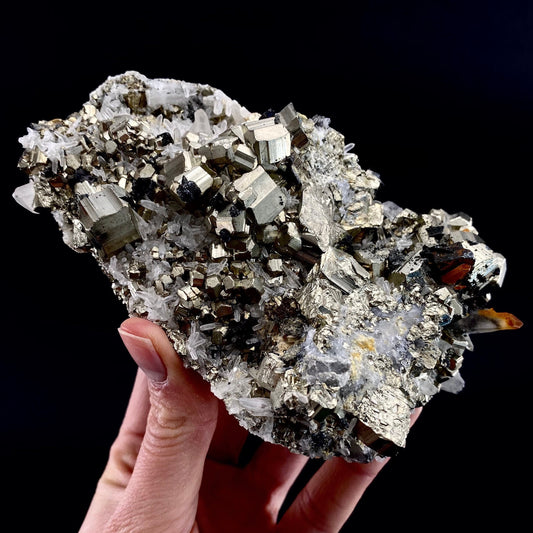 Quartz on Pyrite (Indonesia) | raw pyrite, natural pyrite cluster, quartz crystal, mineral specimen