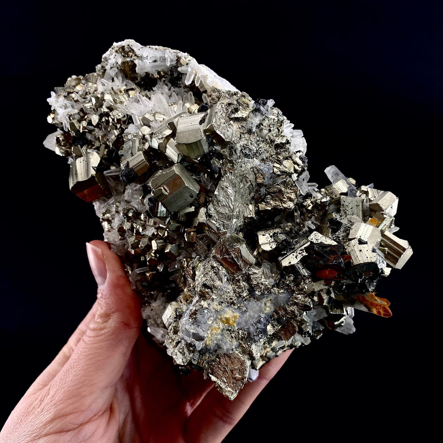 Quartz on Pyrite (Indonesia) | raw pyrite, natural pyrite cluster, quartz crystal, mineral specimen