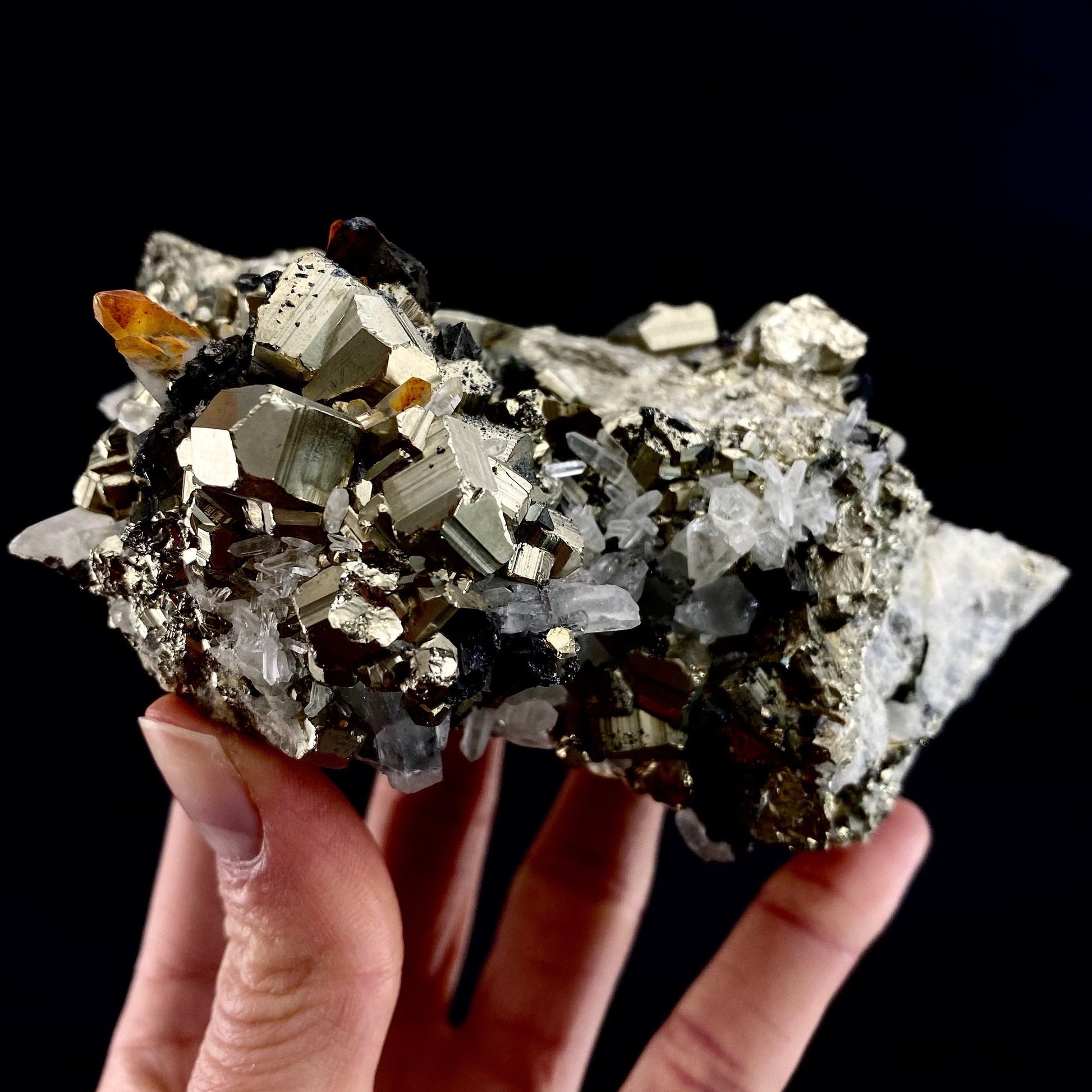 Quartz on Pyrite (Indonesia) | raw pyrite, natural pyrite cluster, quartz crystal, mineral specimen