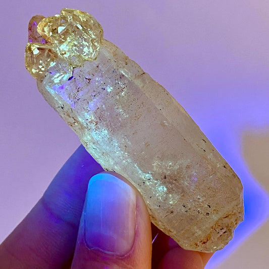 UV Reactive Petroleum Quartz Point (Madagascar) | natural petroleum quartz crystal, UV reactive crystal, enhydro quartz, firefly quartz