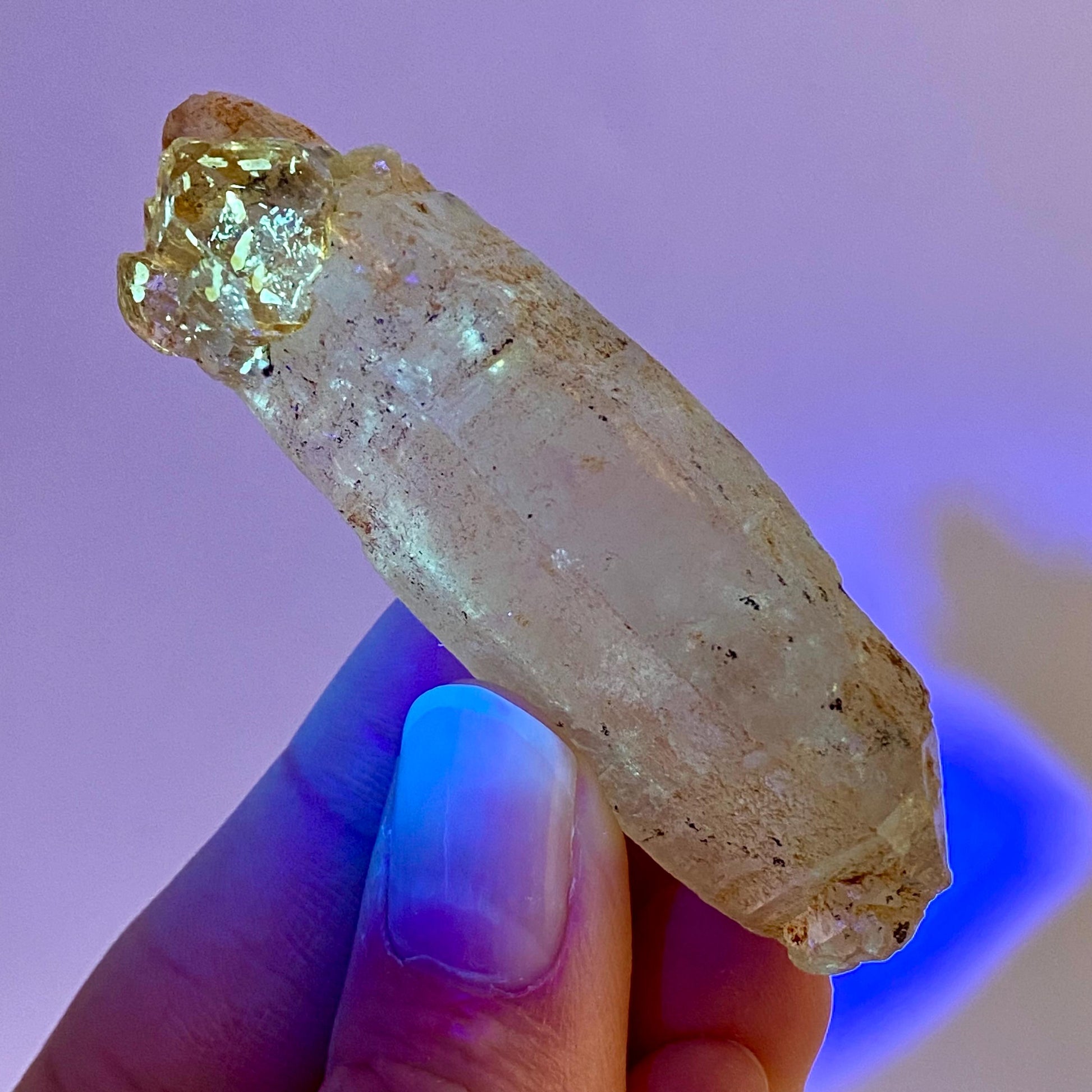UV Reactive Petroleum Quartz Point (Madagascar) | natural petroleum quartz crystal, UV reactive crystal, enhydro quartz, firefly quartz