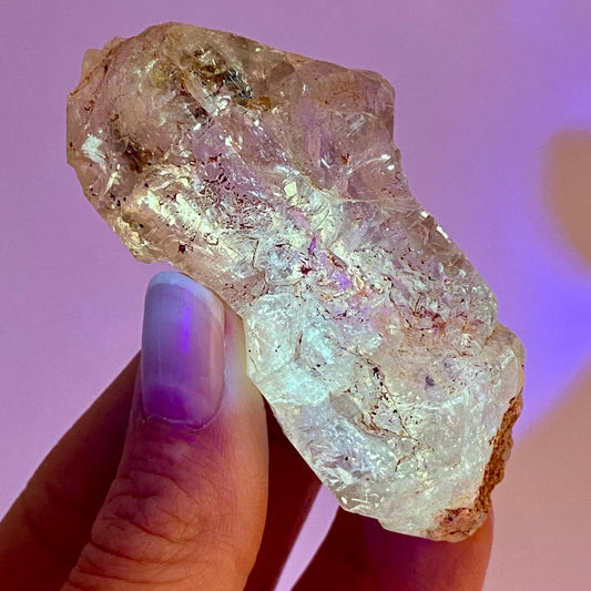 UV Reactive Petroleum Quartz Point (Madagascar) | natural petroleum quartz crystal, UV reactive crystal, enhydro quartz, firefly quartz
