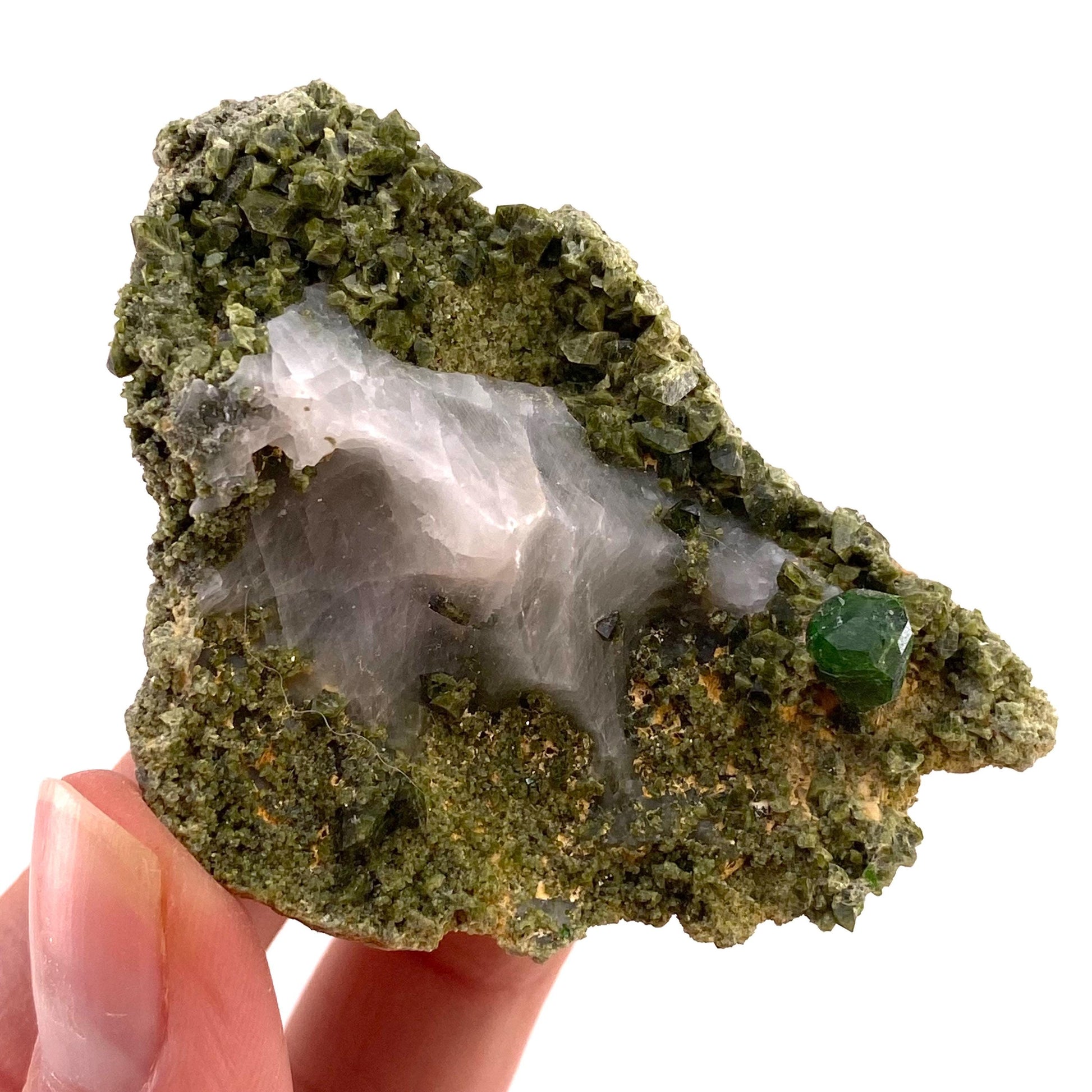 Demantoid Garnet & Diopside on Matrix (BeIqeys Mountain) | green garnet, rare minerals, demantoid garnet crystal, mineral specimen