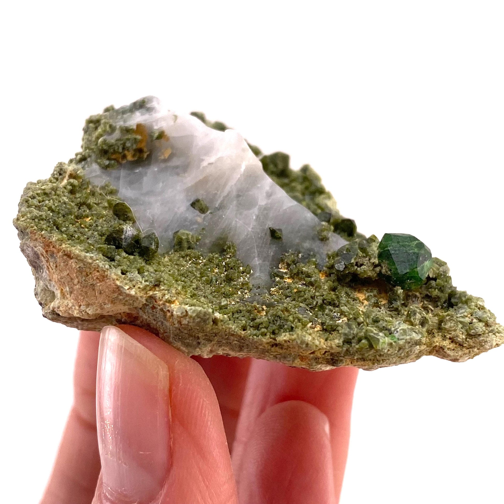 Demantoid Garnet & Diopside on Matrix (BeIqeys Mountain) | green garnet, rare minerals, demantoid garnet crystal, mineral specimen