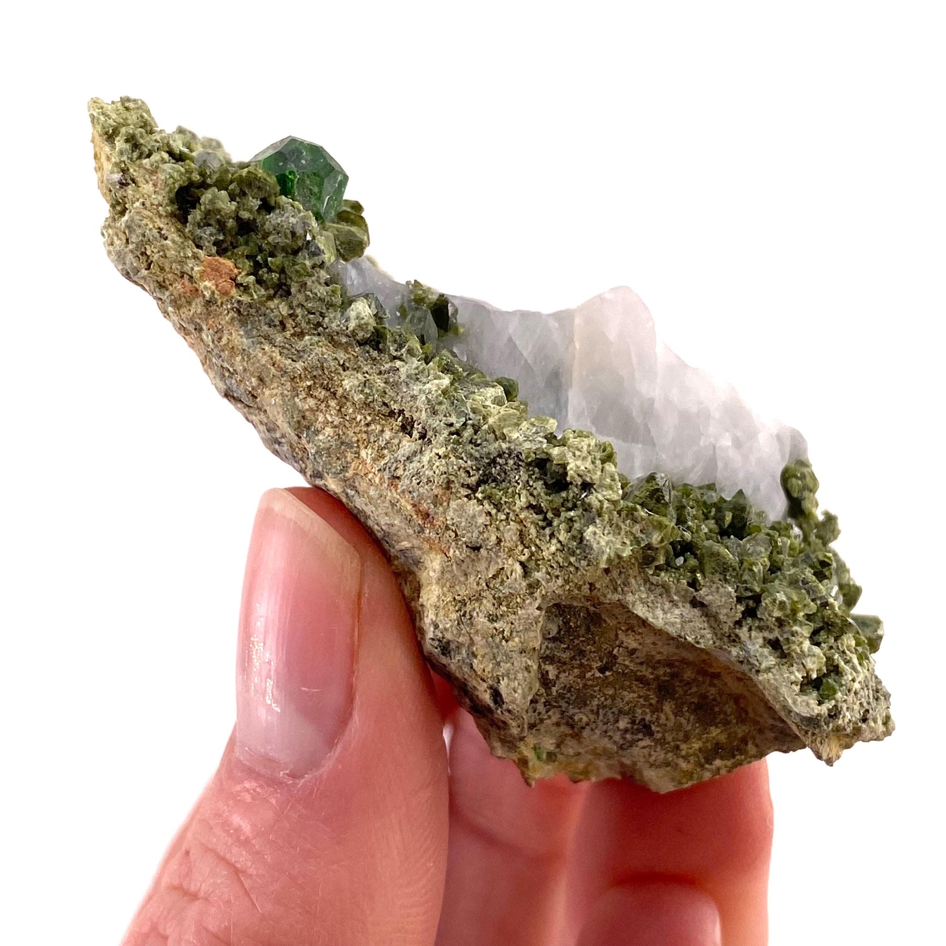 Demantoid Garnet & Diopside on Matrix (BeIqeys Mountain) | green garnet, rare minerals, demantoid garnet crystal, mineral specimen