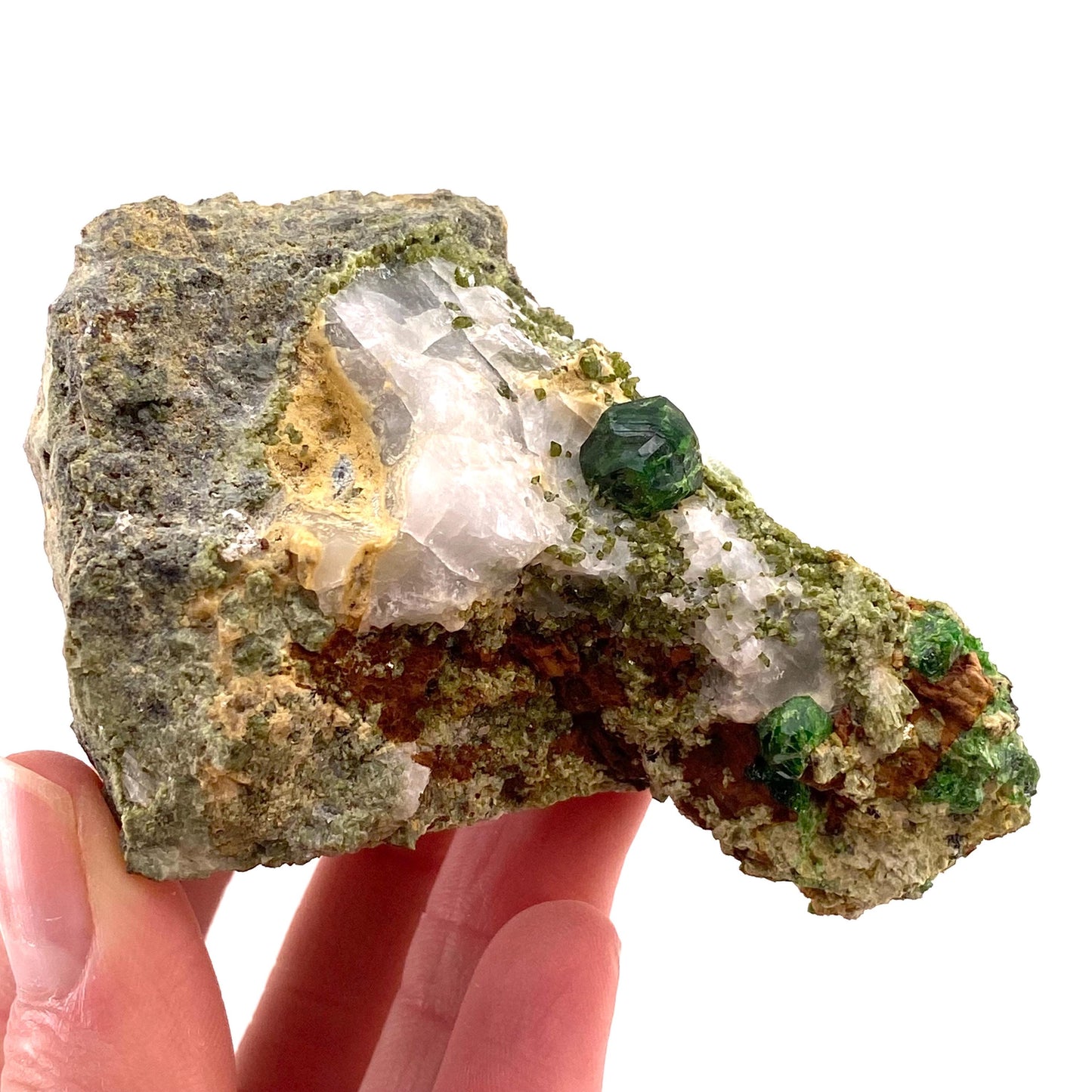 Demantoid Garnet & Diopside on Matrix (BeIqeys Mountain) | green garnet, rare minerals, demantoid garnet crystal, mineral specimen